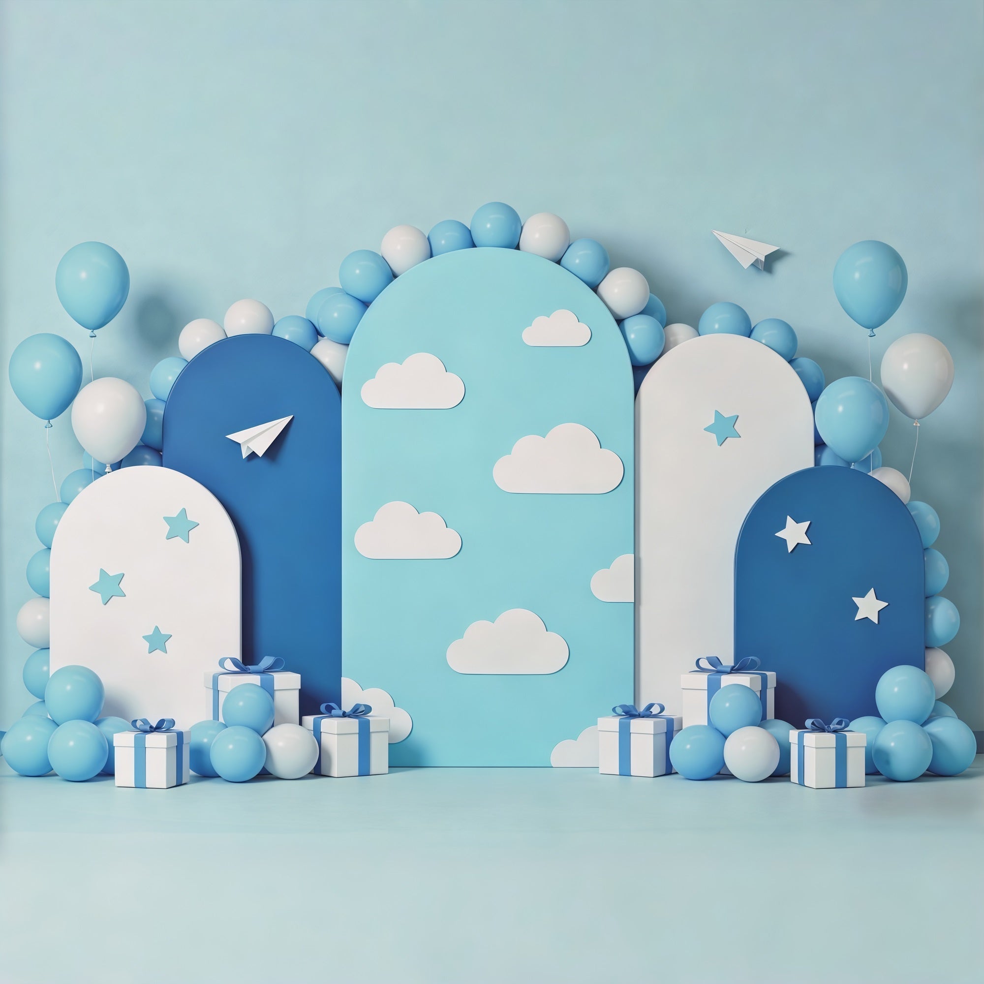 Fond Photo Nuages Arche Ballons Bleus Avions Papier CSH62-119