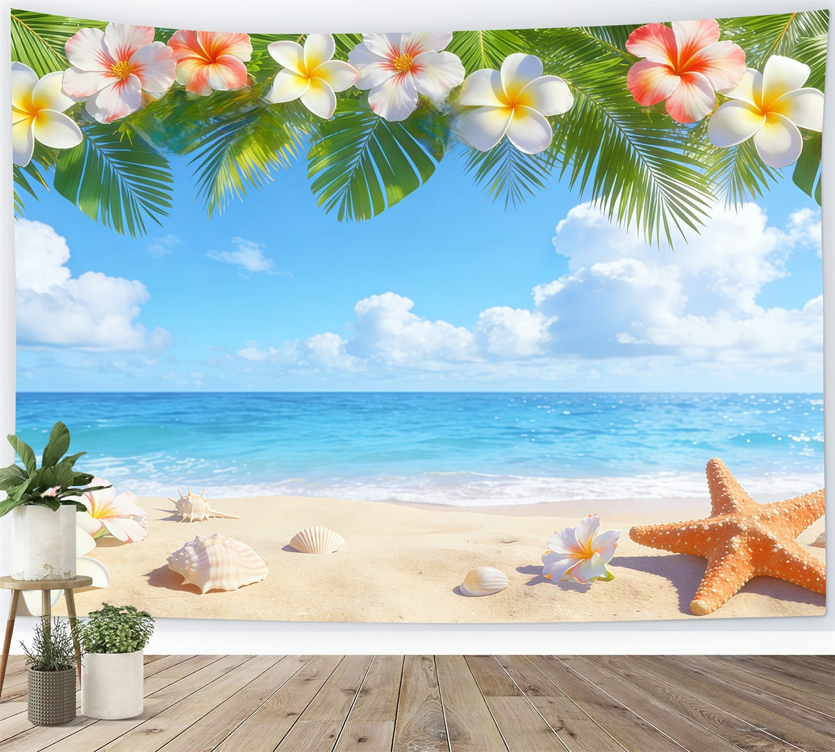Toile de fond Photo Ciel Plage Tropicale Plumeria Coquillages CSH62-127