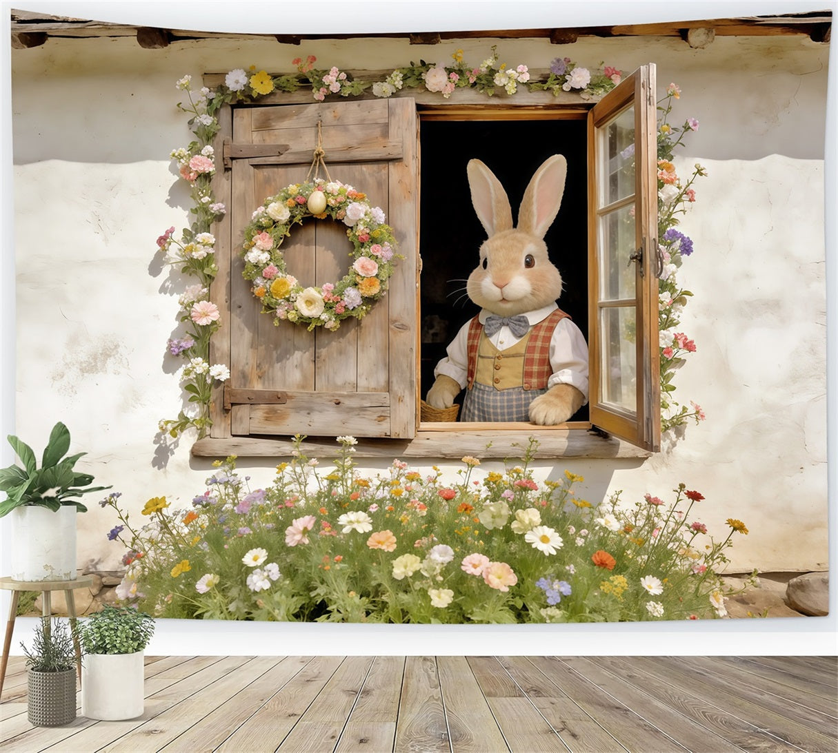 Toile de fond Photo Pâques Fenêtre Lapin Couronne Florale CSH62-74
