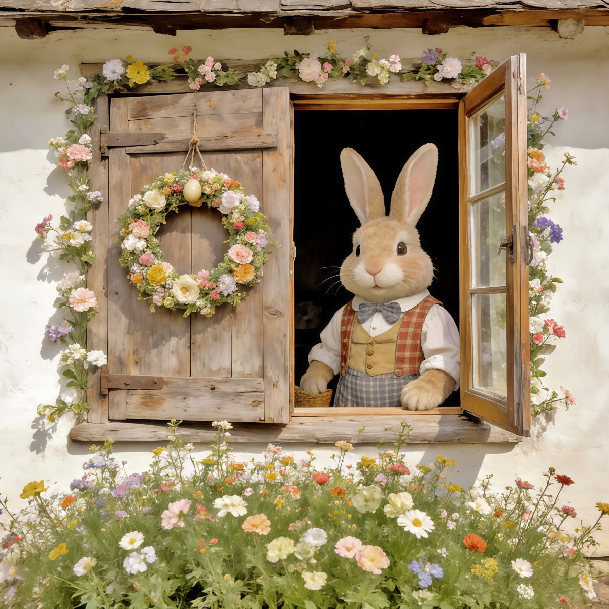 Toile de fond Photo Pâques Fenêtre Lapin Couronne Florale CSH62-74
