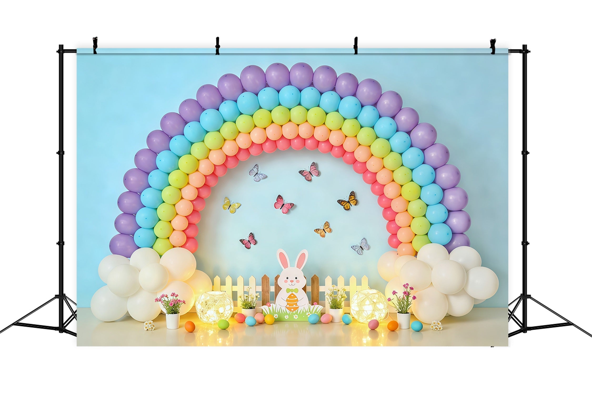 Toile de fond Pâques Arche Ballons Arc-En-Ciel Clôture Lapin CSH62-80