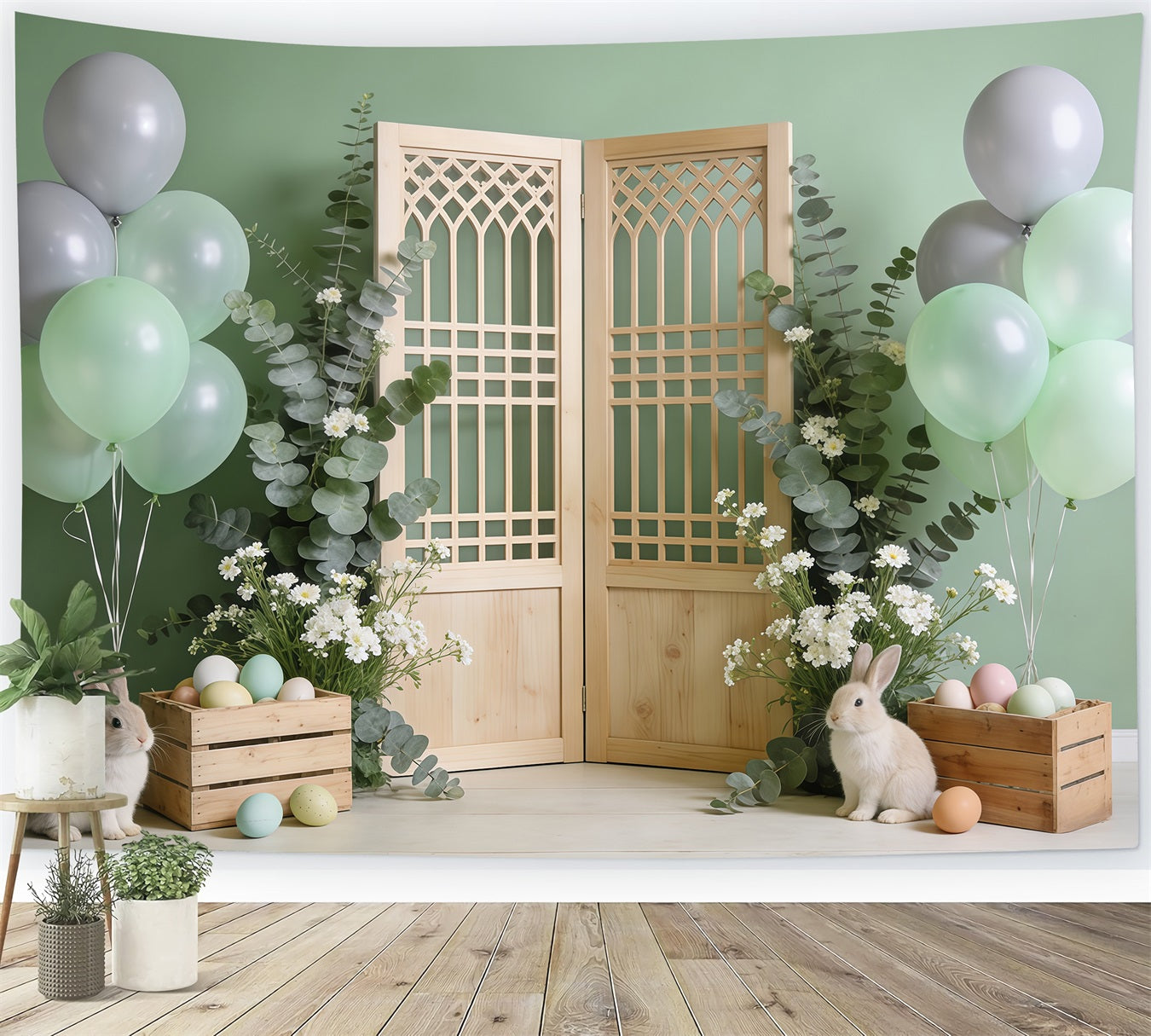 Toile de fond Photo Pâques Porte Bois Caisses Lapin CSH62-86