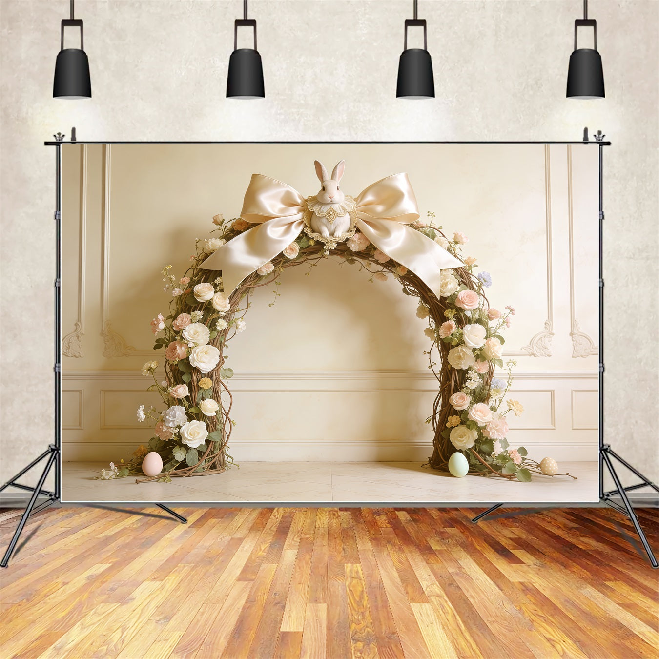 Toile de fond Pâques Nœud Lapin Arche Roses CSH62-92