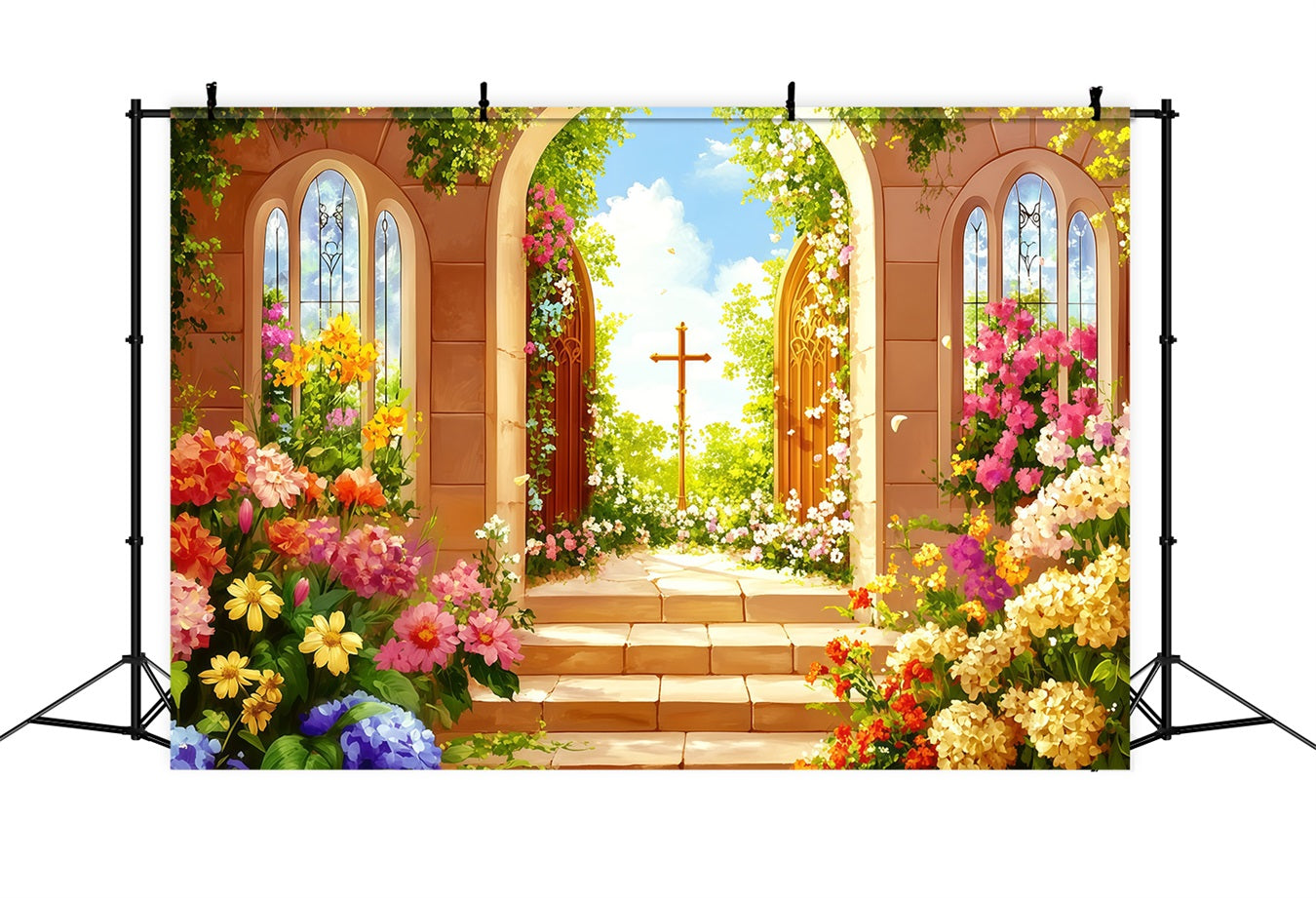 Fond Studio Pâques Portes Jardin Croix Fleurs CSH62-99