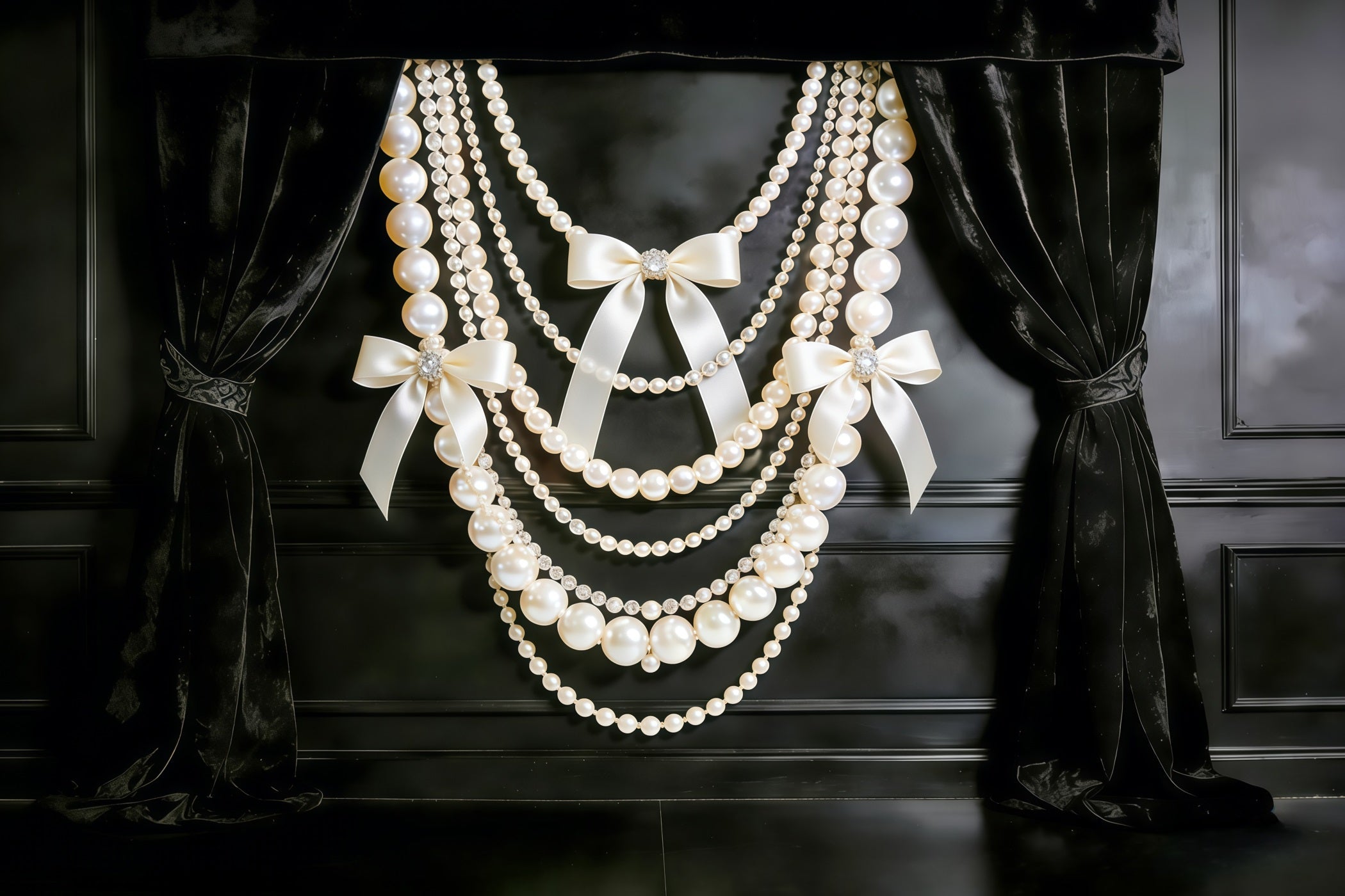 Fond Fête des Mères Nœud Ruban Velours Noir Perles Drapées CSH63-71
