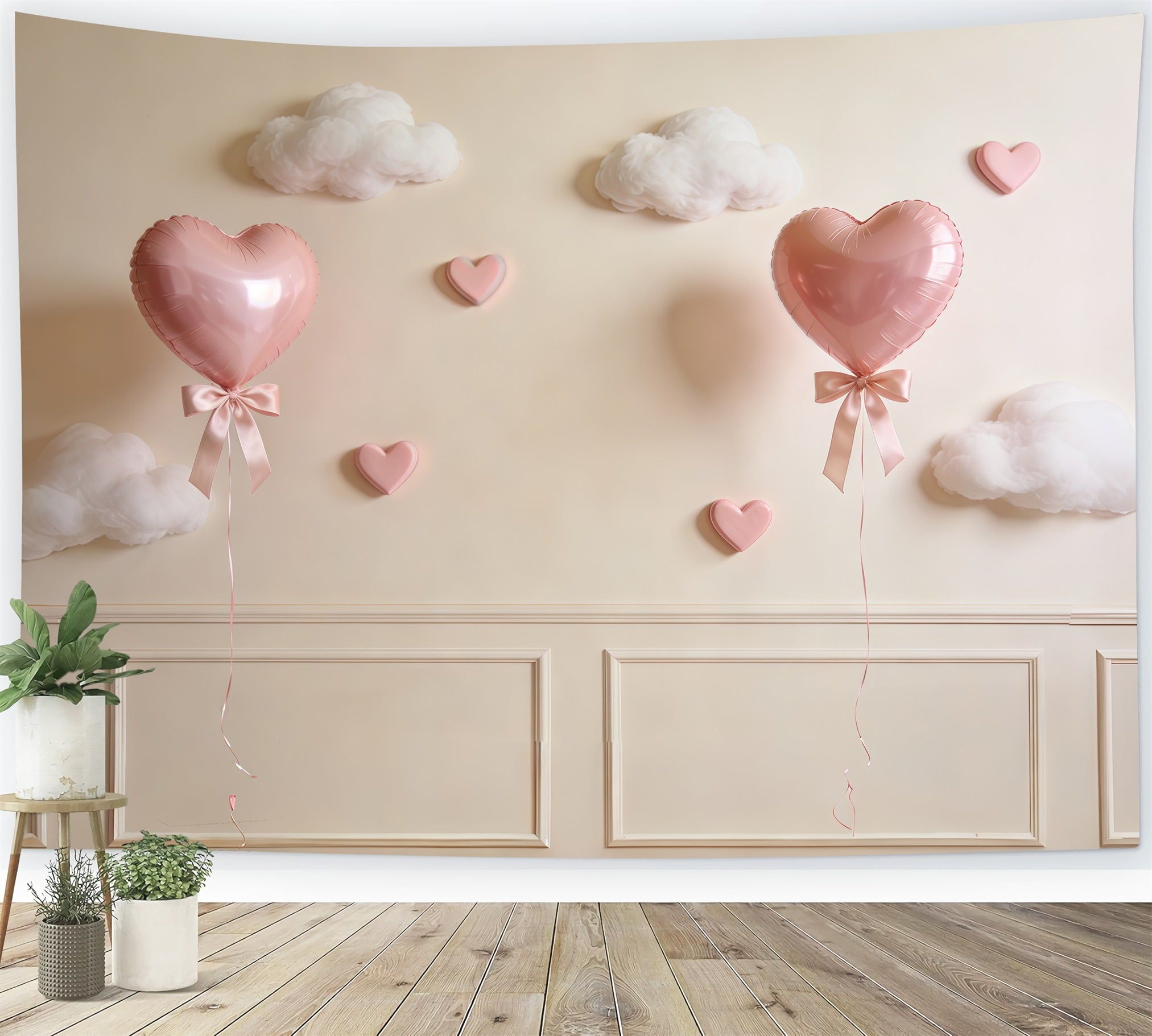Fond Fête des Mères Nœud Ruban Mur Cœur Rose Nuages de Ballons CSH63-74
