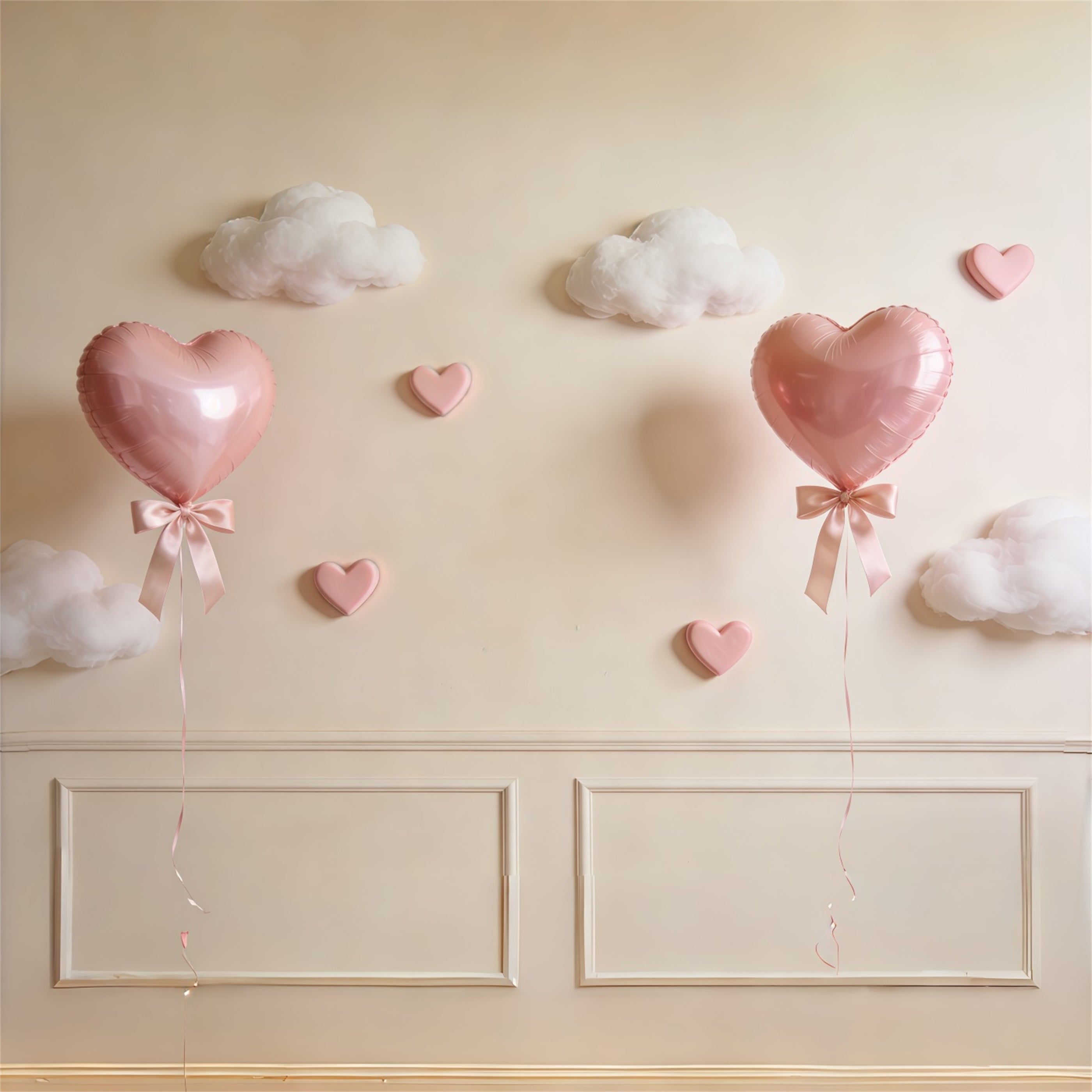 Fond Fête des Mères Nœud Ruban Mur Cœur Rose Nuages de Ballons CSH63-74