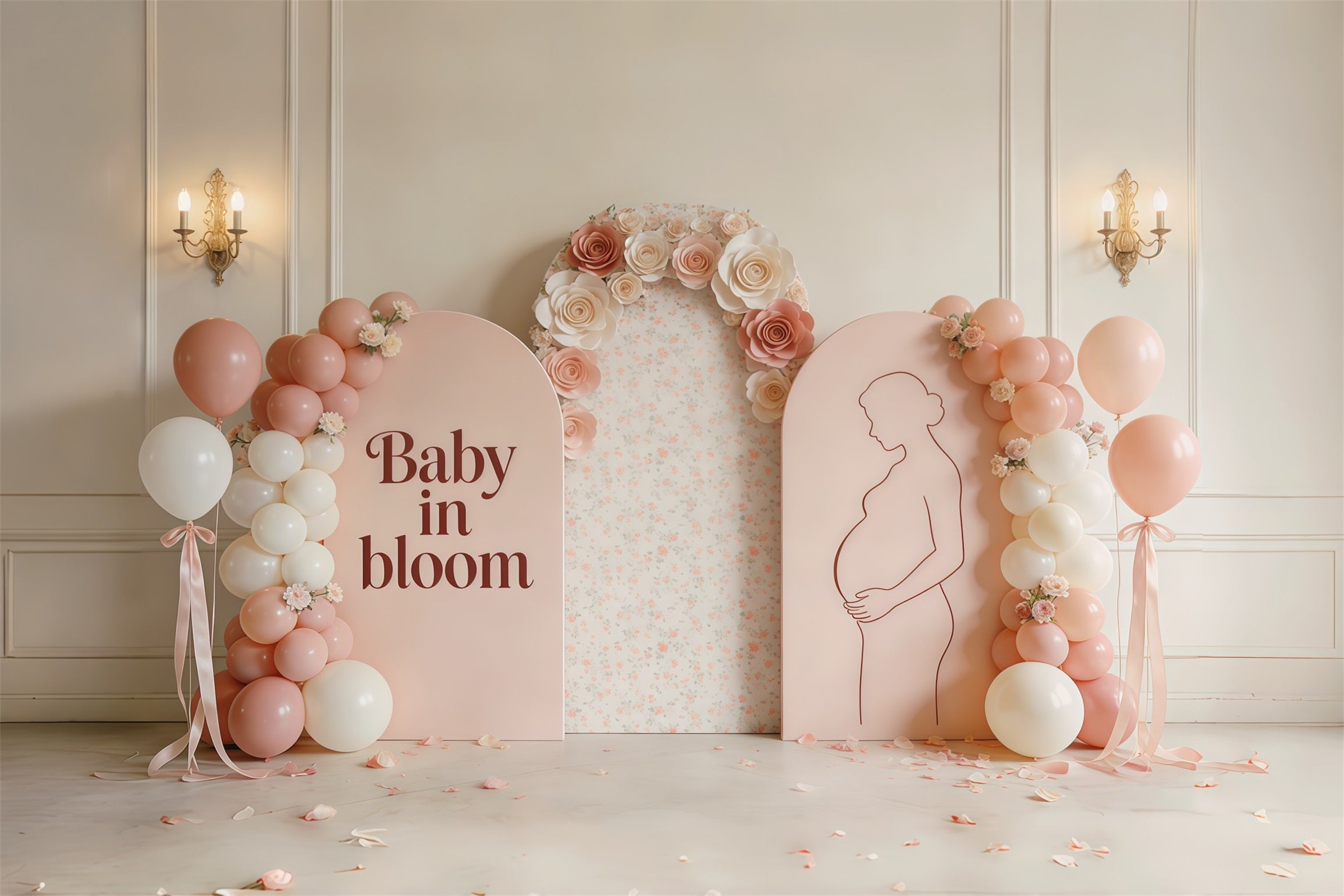 Fond Fête des Mères Silhouette Mère Fille Arche Florale et Ballons Poudrés CSH63-82