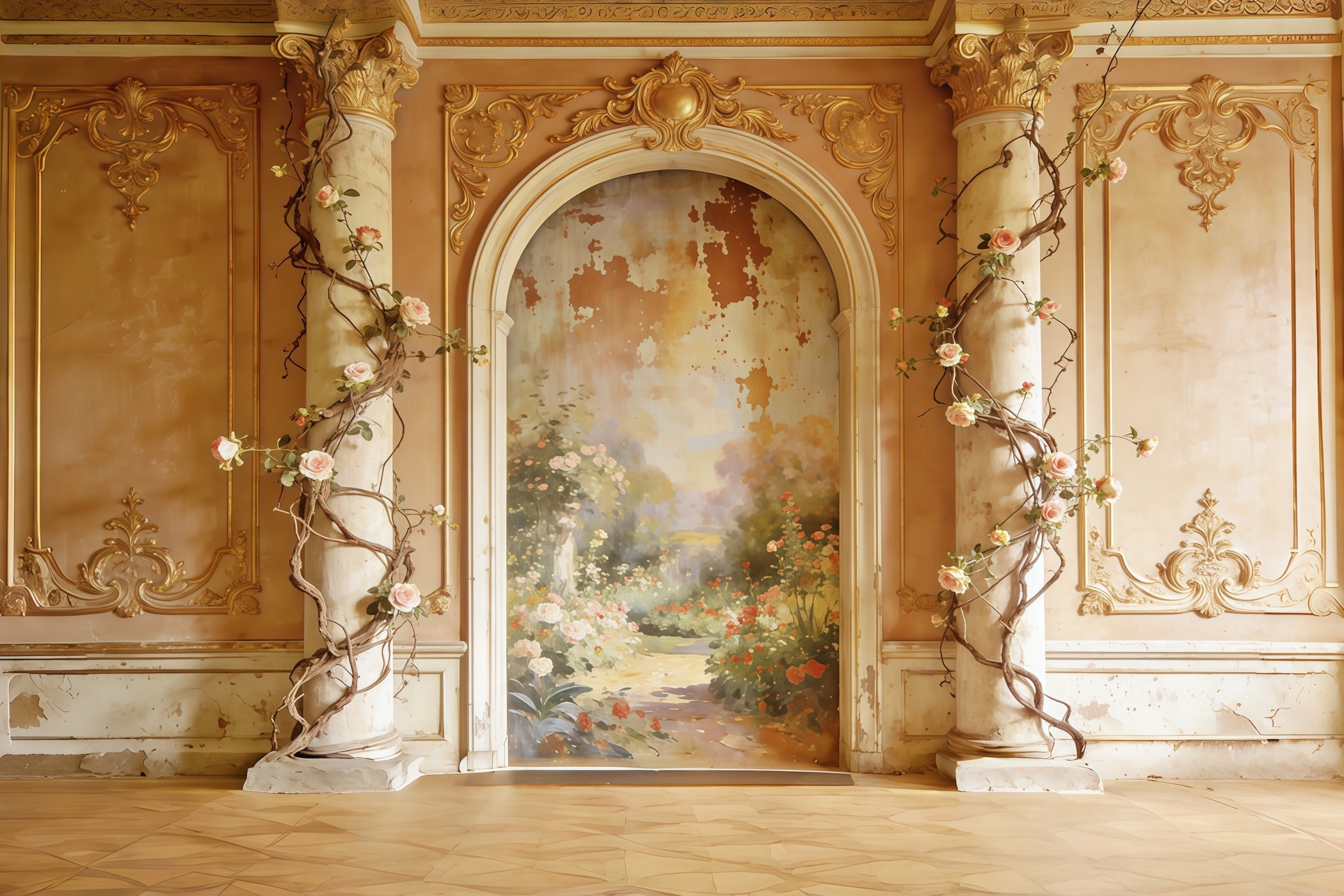 Fond Fête des Mères Floral Rococo Fresque Jardin Doré Arche CSH63-89