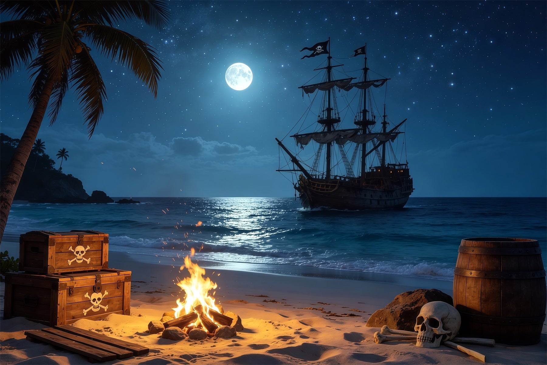 Fond Caraïbes Plage Pirate Tropicale Feu de Camp Trésor Été CSH64-79