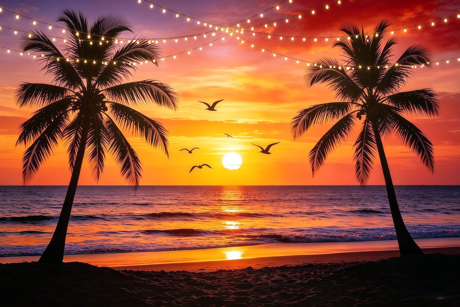 Fond Plage Coucher de Soleil Palmiers Guirlandes Lumineuses Mer CSH64-87