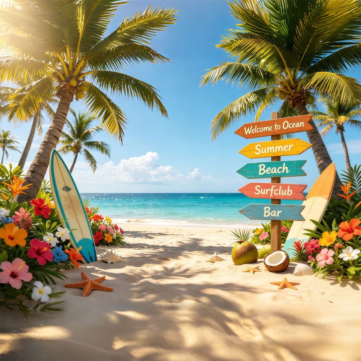Fond Plage Panneau Tropical Planche de Surf et Fleurs Été CSH64-91