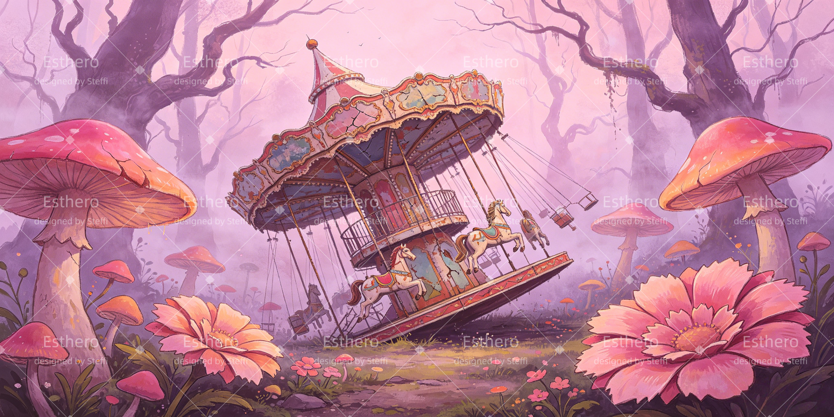 Toile de fond Trilogy Tour forêt de champignons roses carrousel plongée sous-marine VBS CSH64-T1