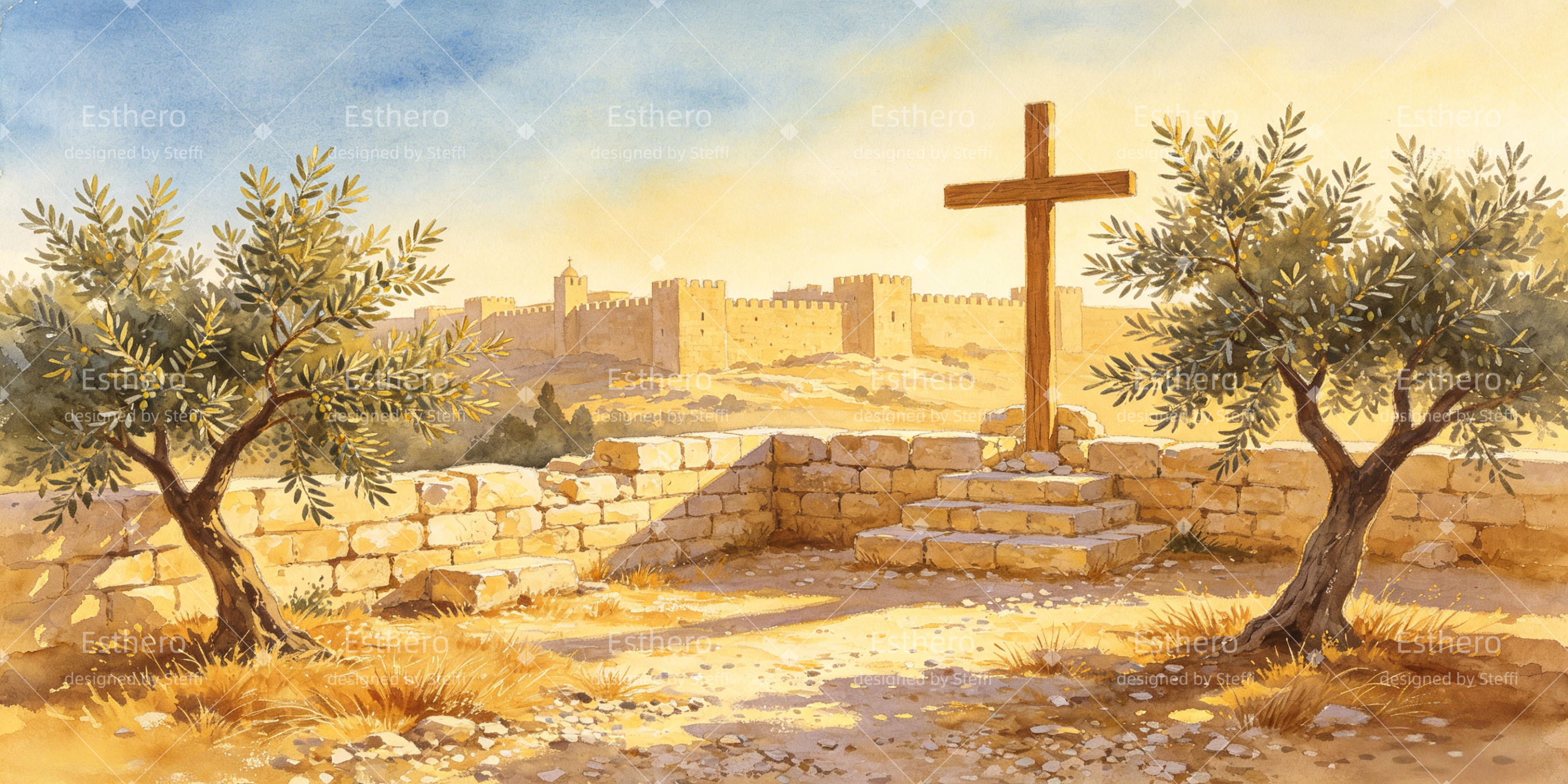 Toile de fond biblique croix dorée oliveraie château décor scène VBS CSH64-T3