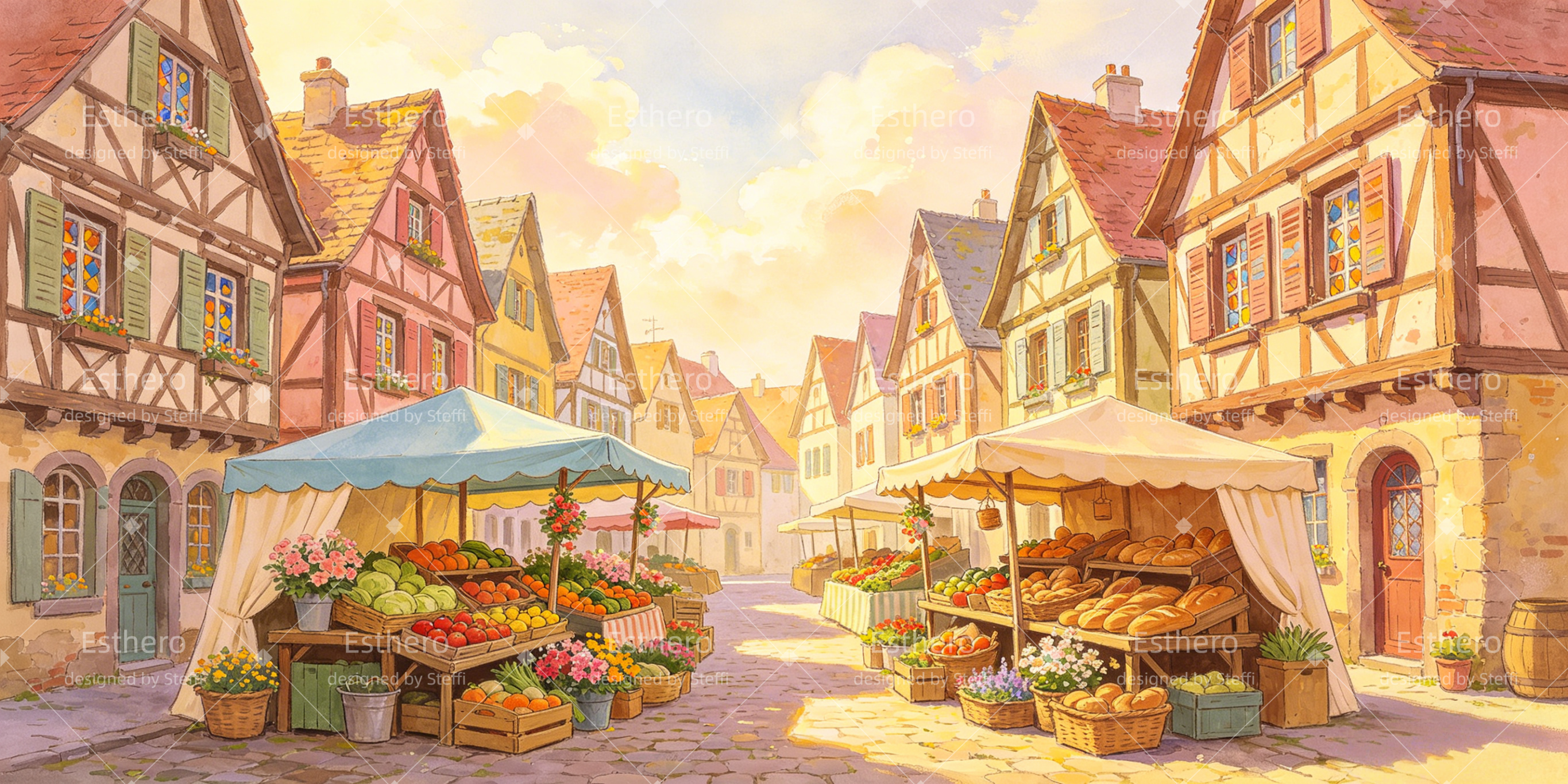 Toile de fond Farmers Market rue de boulangerie ville pastel décor scène VBS CSH64-T6