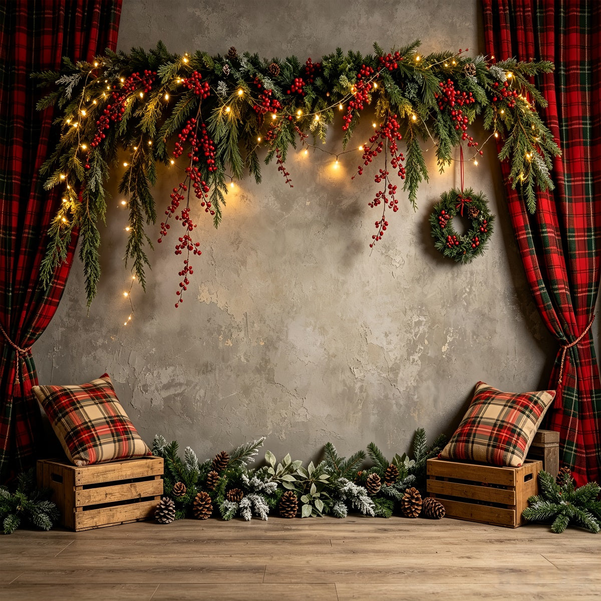 Décor Mural De Noël Mur De Guirlande À Carreaux Rustiques Fond Photo De Noël CSH68-60