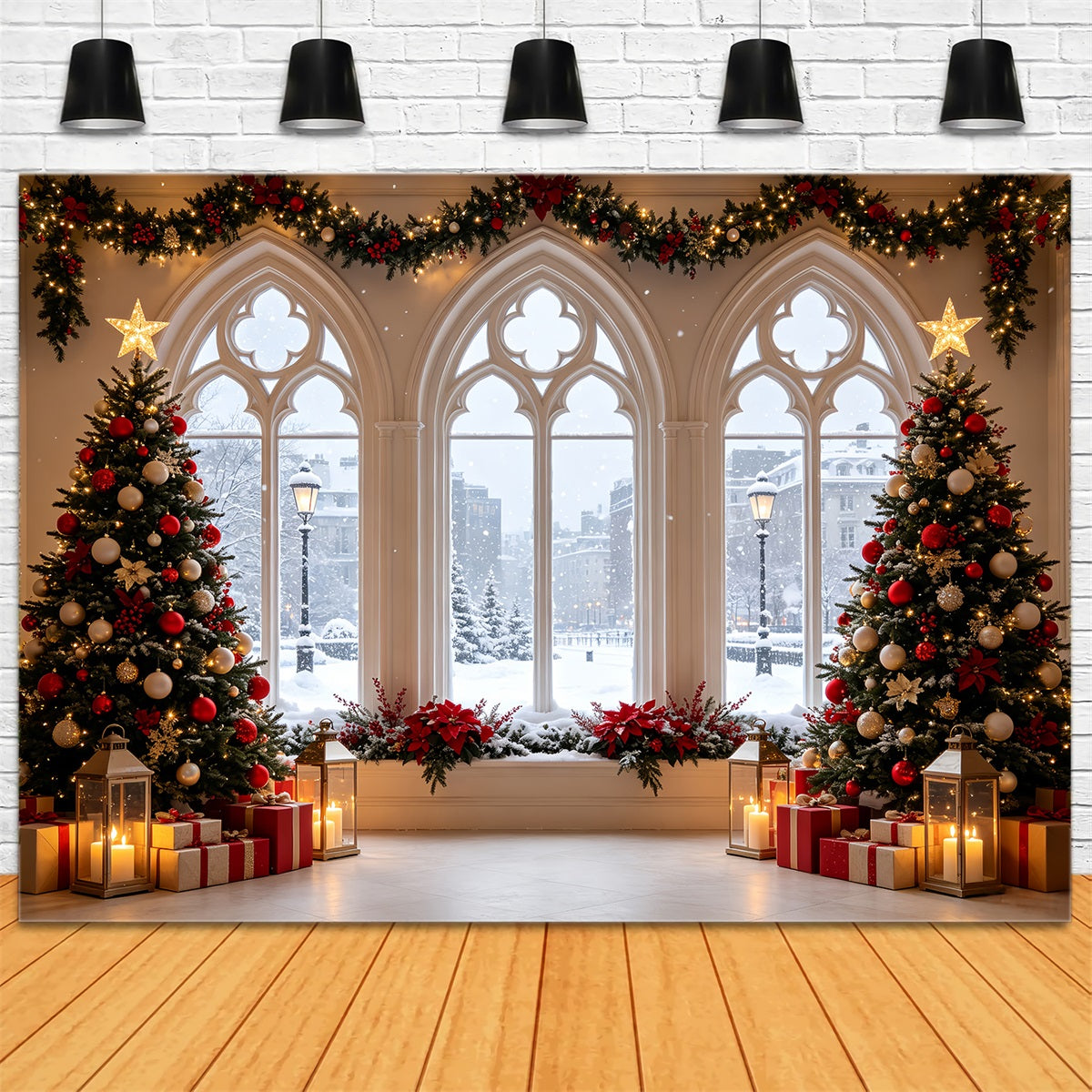 Décor De Vitrine De Noël Arbres De Fenêtre Gothiques Enneigés Grandes Toiles De Fond De Noël CSH68-61