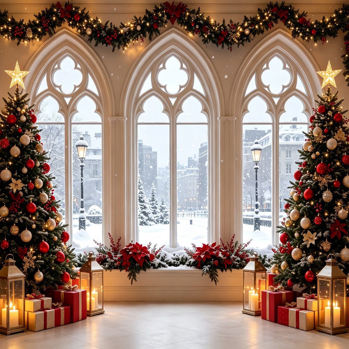 Décor De Vitrine De Noël Arbres De Fenêtre Gothiques Enneigés Grandes Toiles De Fond De Noël CSH68-61