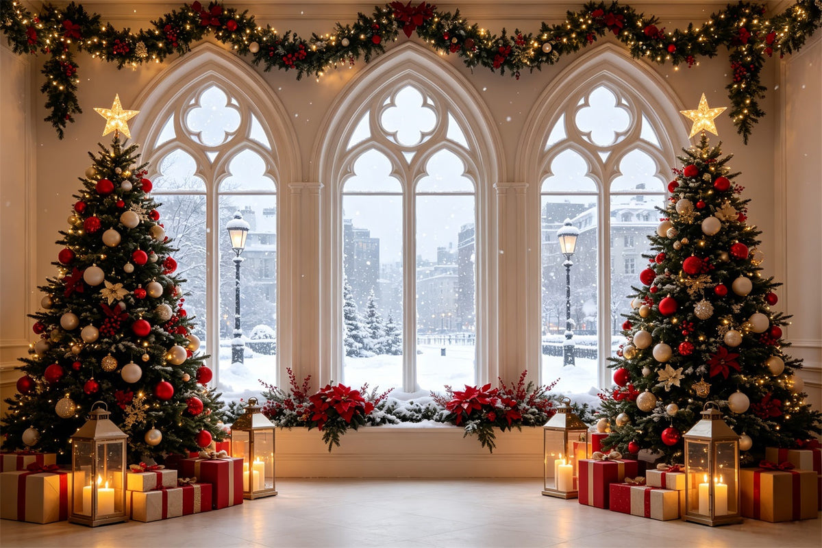 Décor De Vitrine De Noël Arbres De Fenêtre Gothiques Enneigés Grandes Toiles De Fond De Noël CSH68-61