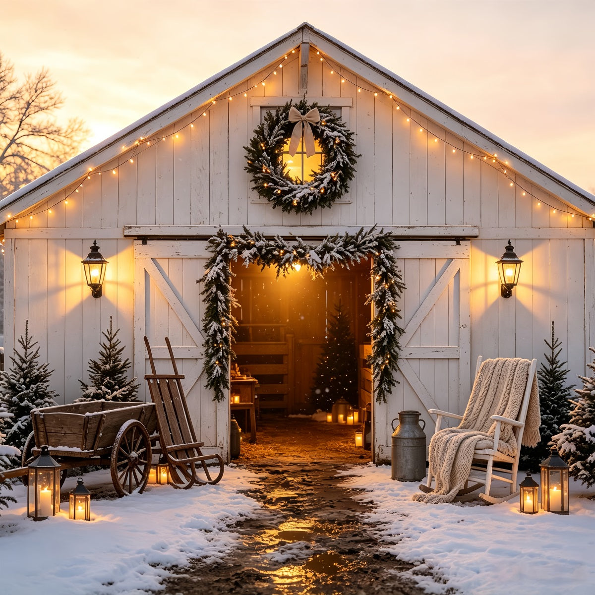 Décor De Porte De Grange De Noël Lueur Hivernale Des Lanternes De Grange Décors De Noël CSH68-62