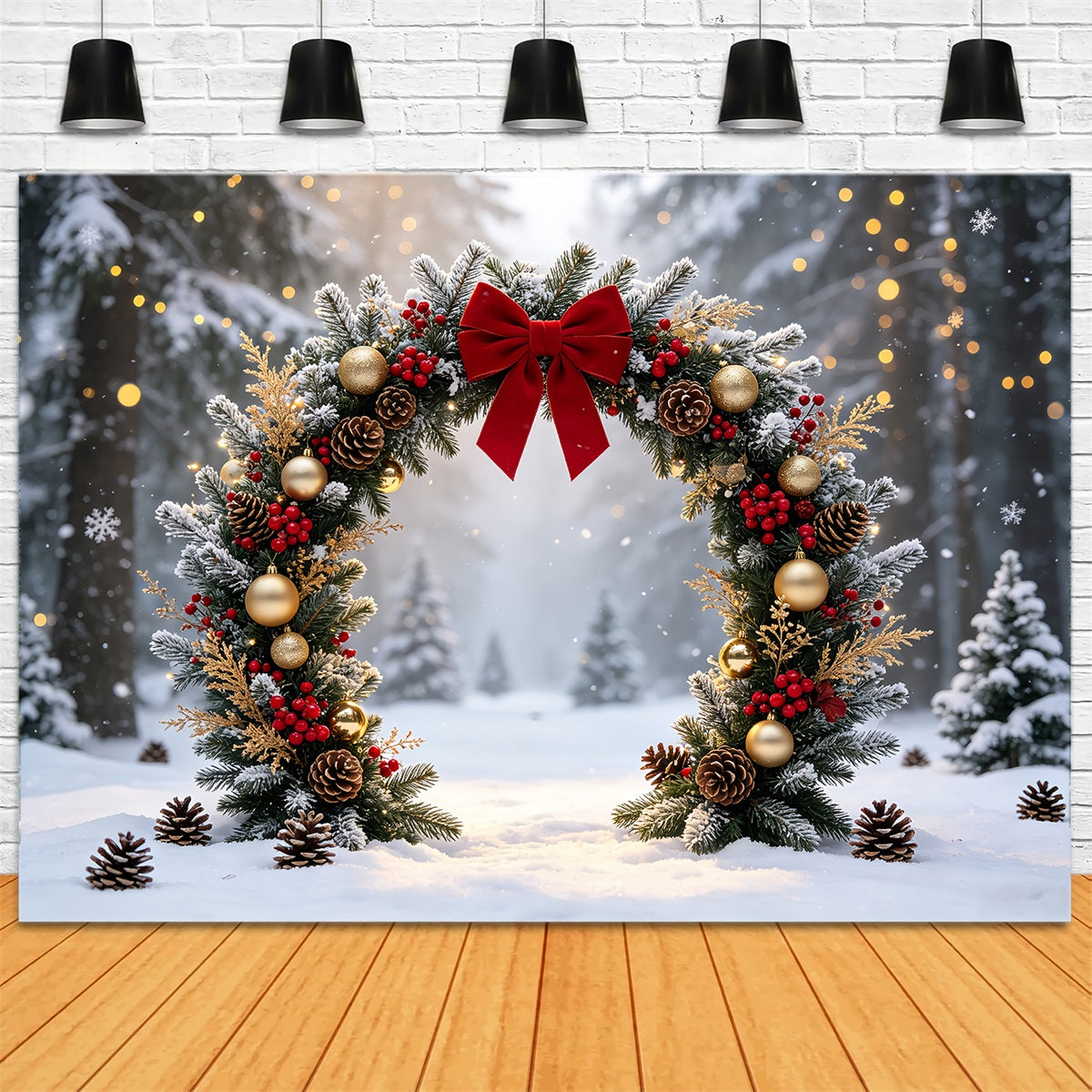 Fond De Couronne De Noël Arche De Guirlandes De La Forêt Enneigée Décors Photographiques De Noël CSH68-63