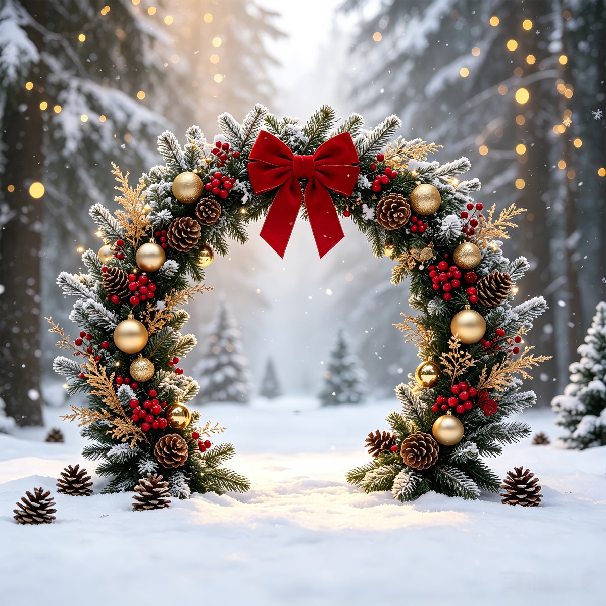Fond De Couronne De Noël Arche De Guirlandes De La Forêt Enneigée Décors Photographiques De Noël CSH68-63