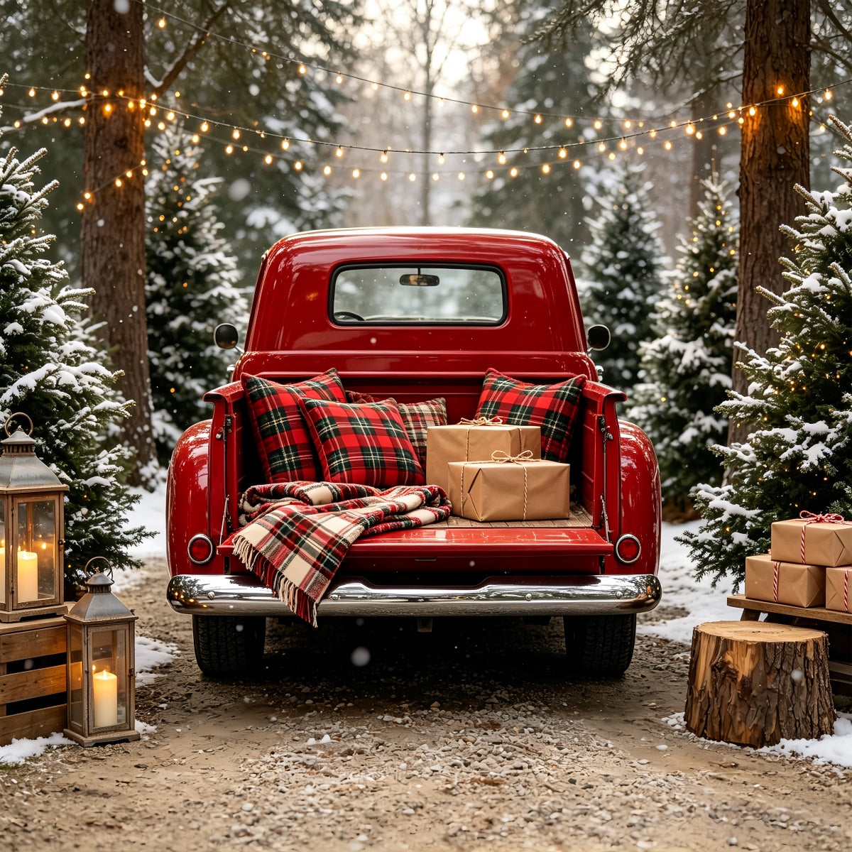 Fond De Camion De Noël Forêt De Camions À Carreaux Rouges Grand Décor De Noël CSH68-64