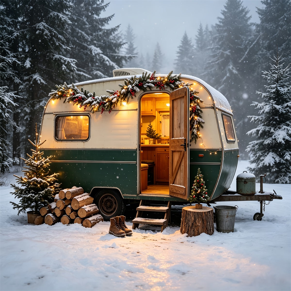 Décor Photographique De Camping-Car De Noël Camping-Car Vintage Woodland Décors De Noël CSH68-65