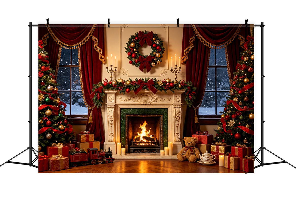 Fond De Cheminée De Noël Décoration De Ruban De Luxe Pour Fenêtre Fond Photographique De Noël CSH68-71