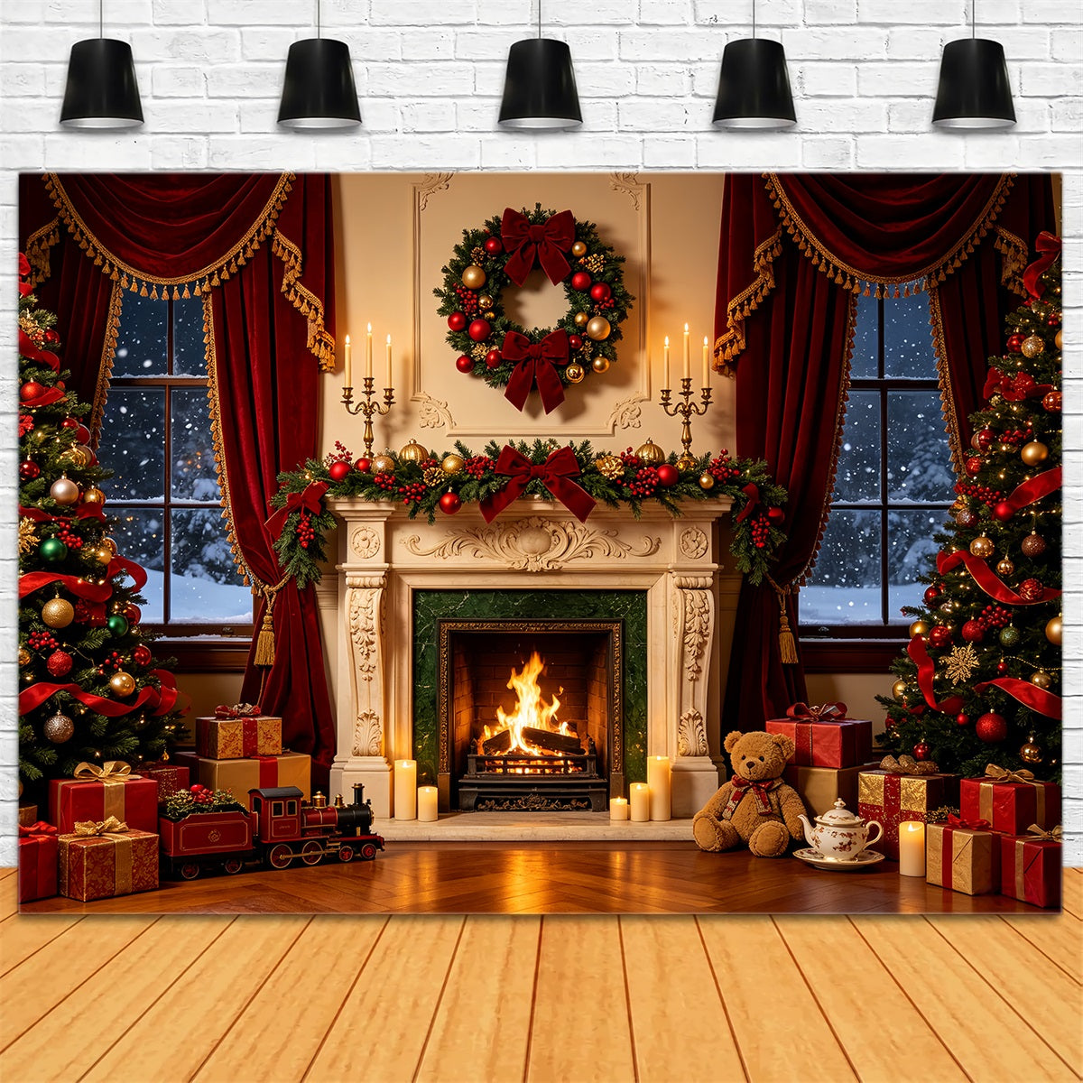 Fond De Cheminée De Noël Décoration De Ruban De Luxe Pour Fenêtre Fond Photographique De Noël CSH68-71