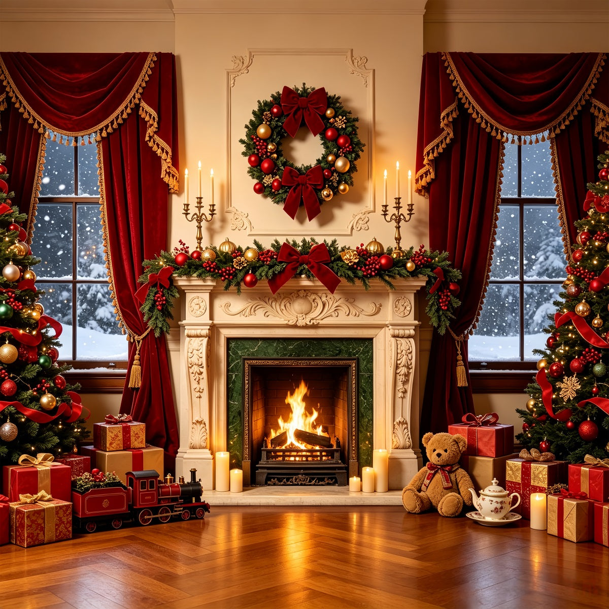 Fond De Cheminée De Noël Décoration De Ruban De Luxe Pour Fenêtre Fond Photographique De Noël CSH68-71