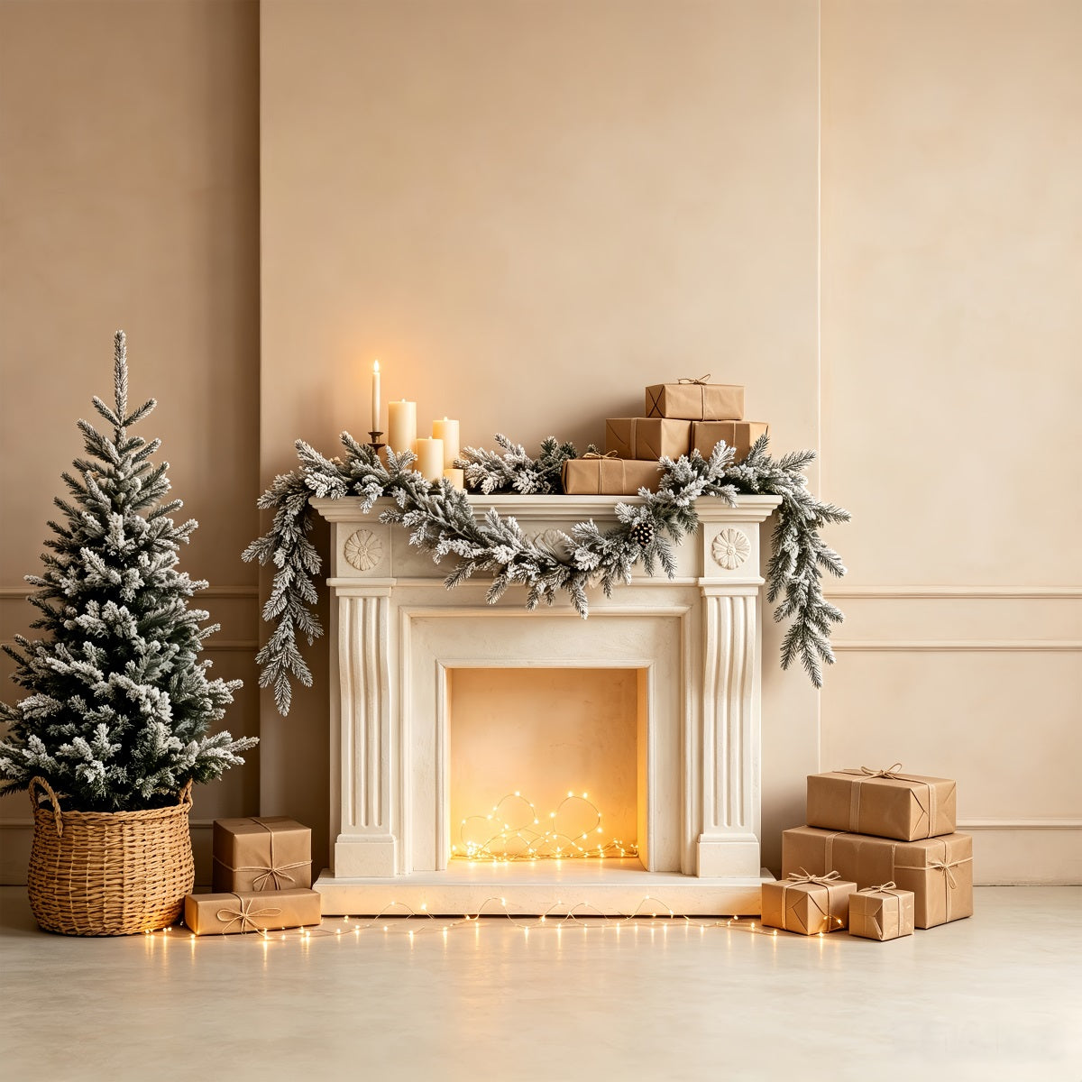 Fond Blanc De Noël Guirlande De Cheminée Enneigée Décor De Noël Intérieur CSH68-72
