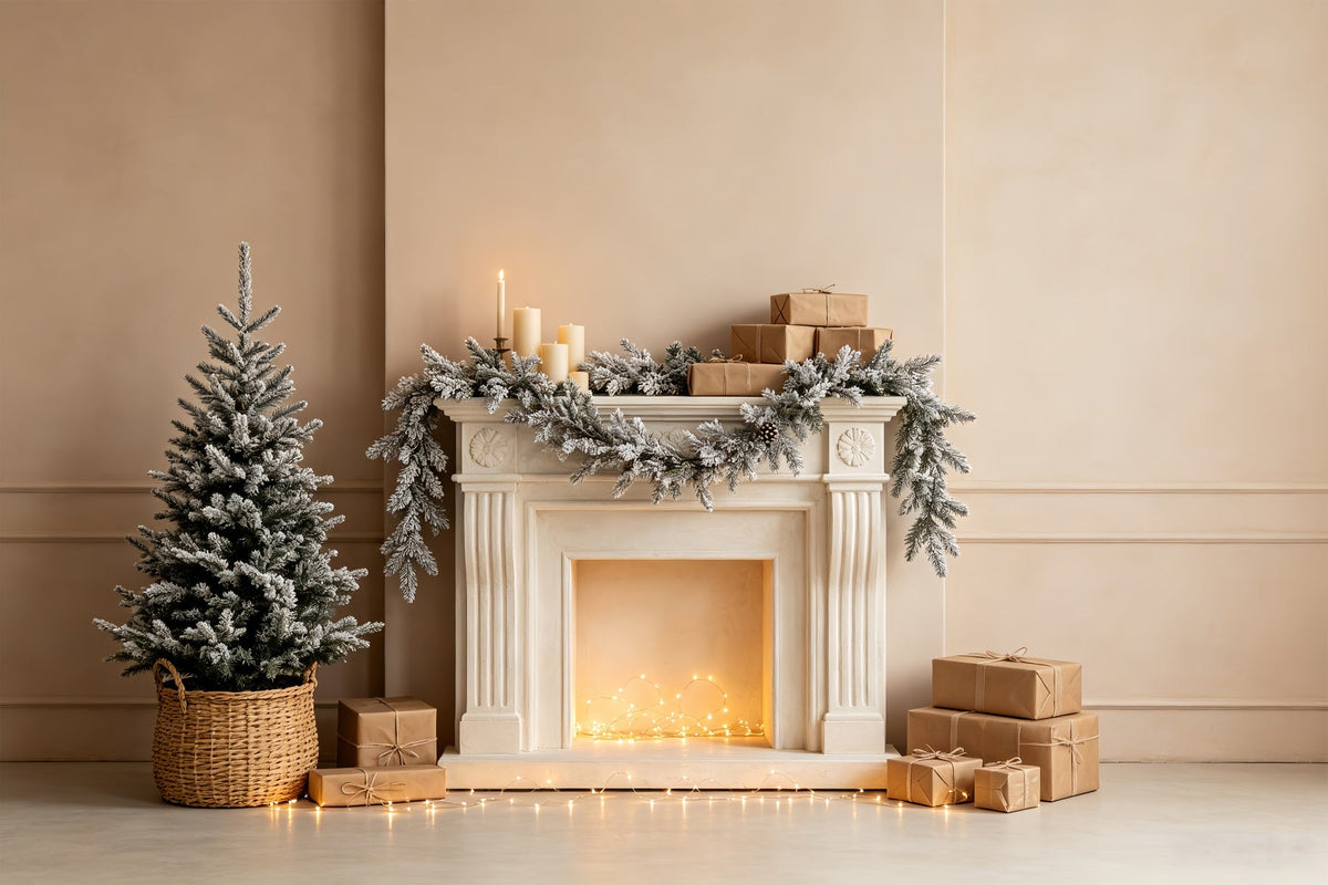 Fond Blanc De Noël Guirlande De Cheminée Enneigée Décor De Noël Intérieur CSH68-72