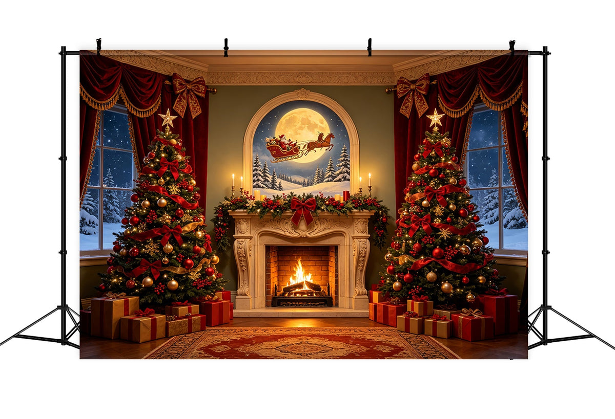 Décor De Noël Victorien Arbres Au Clair De Lune Et Cheminée Fond Photo De Noël CSH68-74