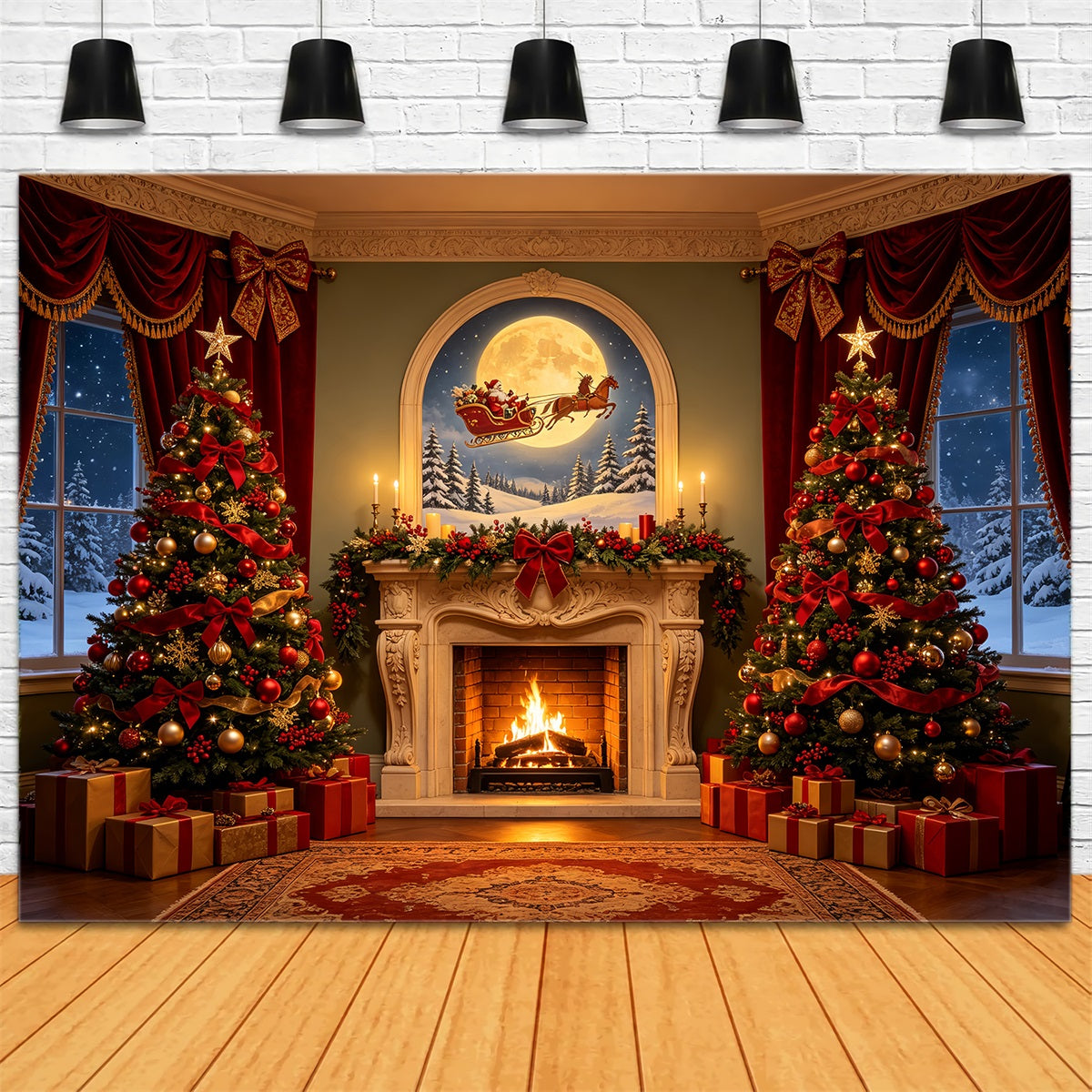 Décor De Noël Victorien Arbres Au Clair De Lune Et Cheminée Fond Photo De Noël CSH68-74