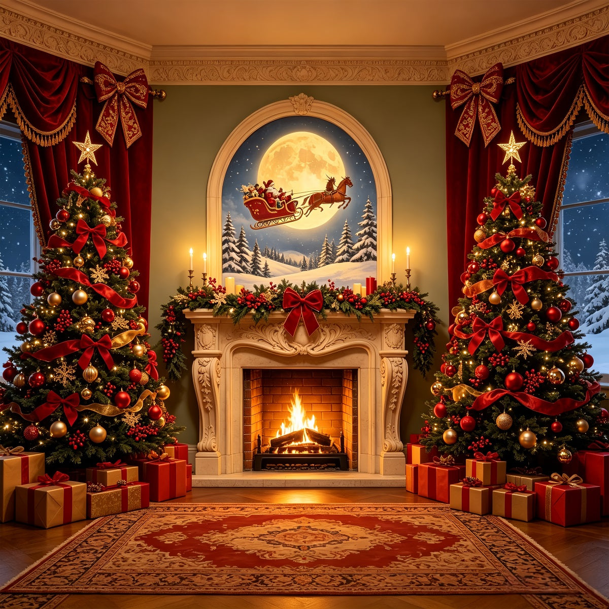 Décor De Noël Victorien Arbres Au Clair De Lune Et Cheminée Fond Photo De Noël CSH68-74
