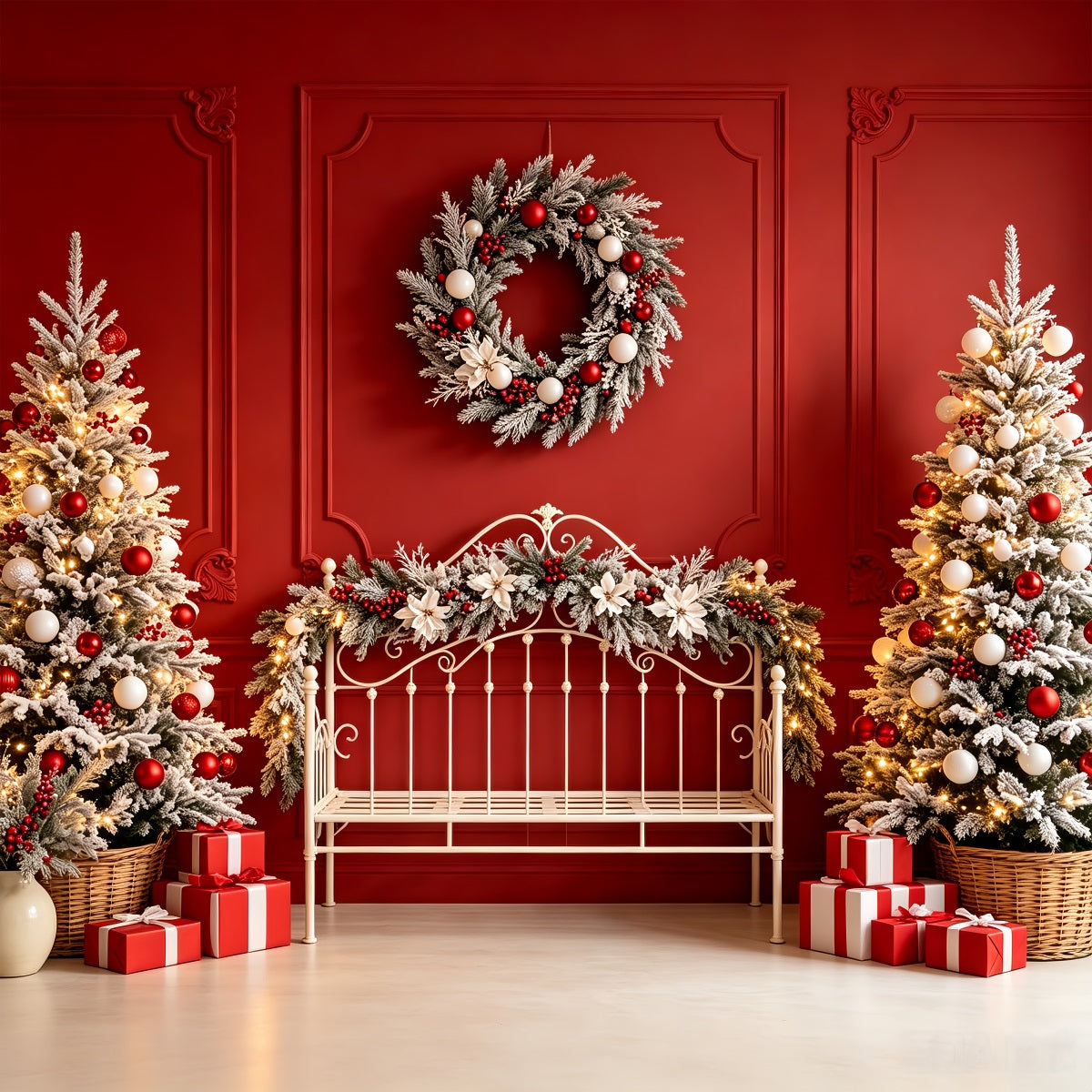 Tête De Lit De Noël Banc Rouge Arbres Givrés Fond En Mousseline De Noël CSH68-80