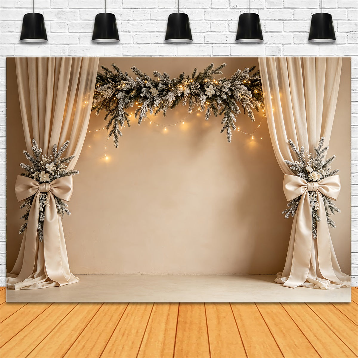 Fond De Noël Simple Rideau Élégant À Guirlande Enneigée Décor Intérieur De Noël CSH68-81