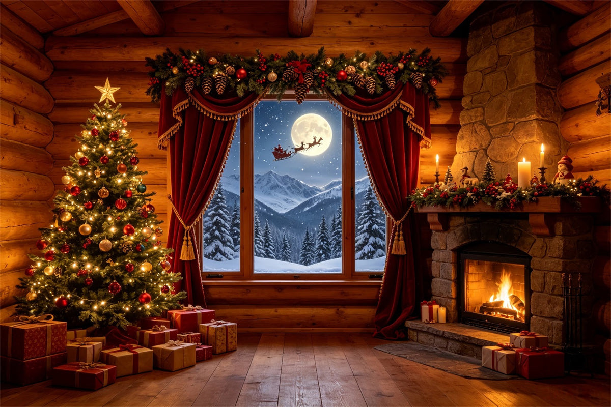 Décor De Cabane De Noël Fenêtre Sur La Montagne Dans Une Cabane Rustique Fond De Noël Professionnel CSH68-83