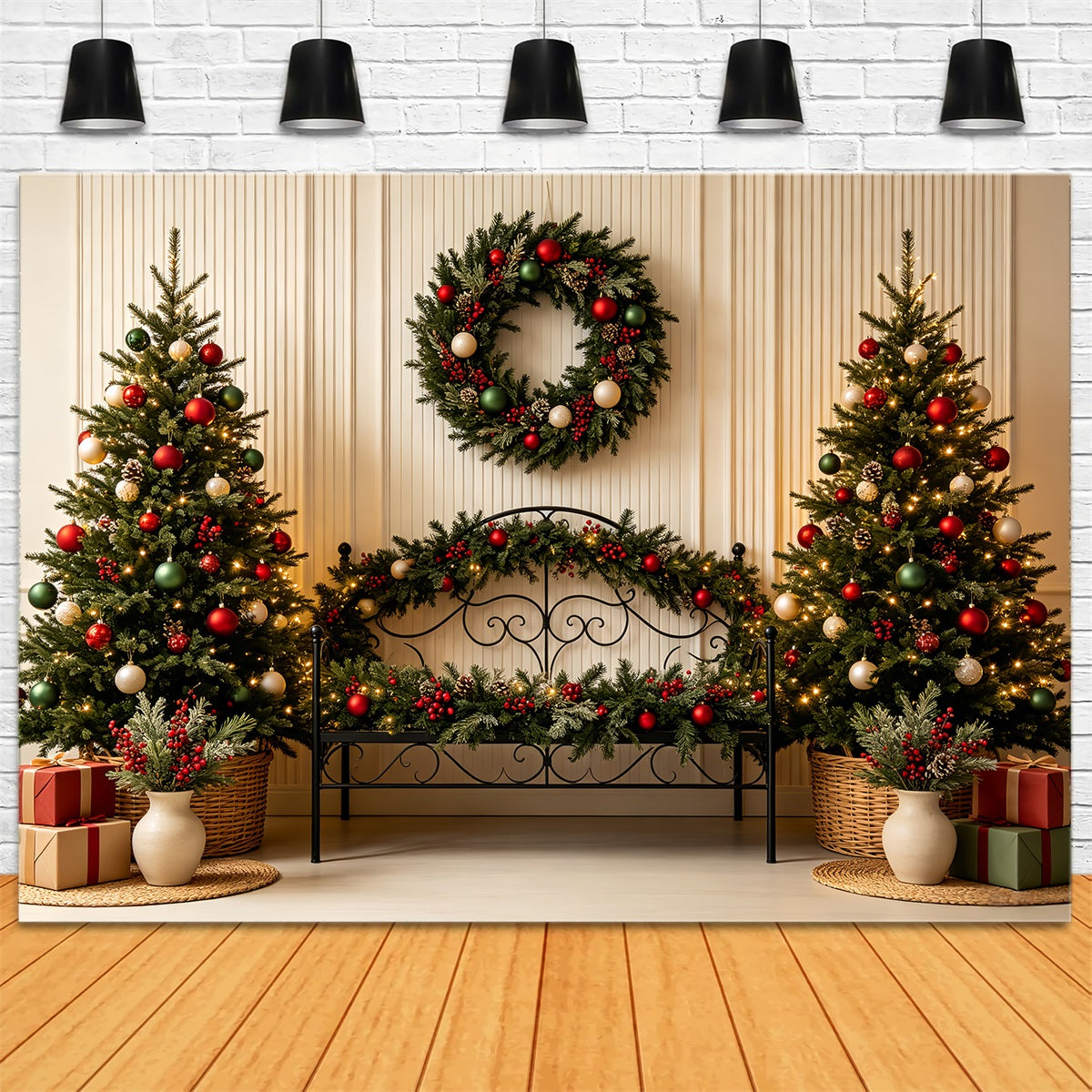 Tête De Lit De Noël Décoration De Lit Classique À Base De Verdure Fond En Mousseline De Noël CSH68-86