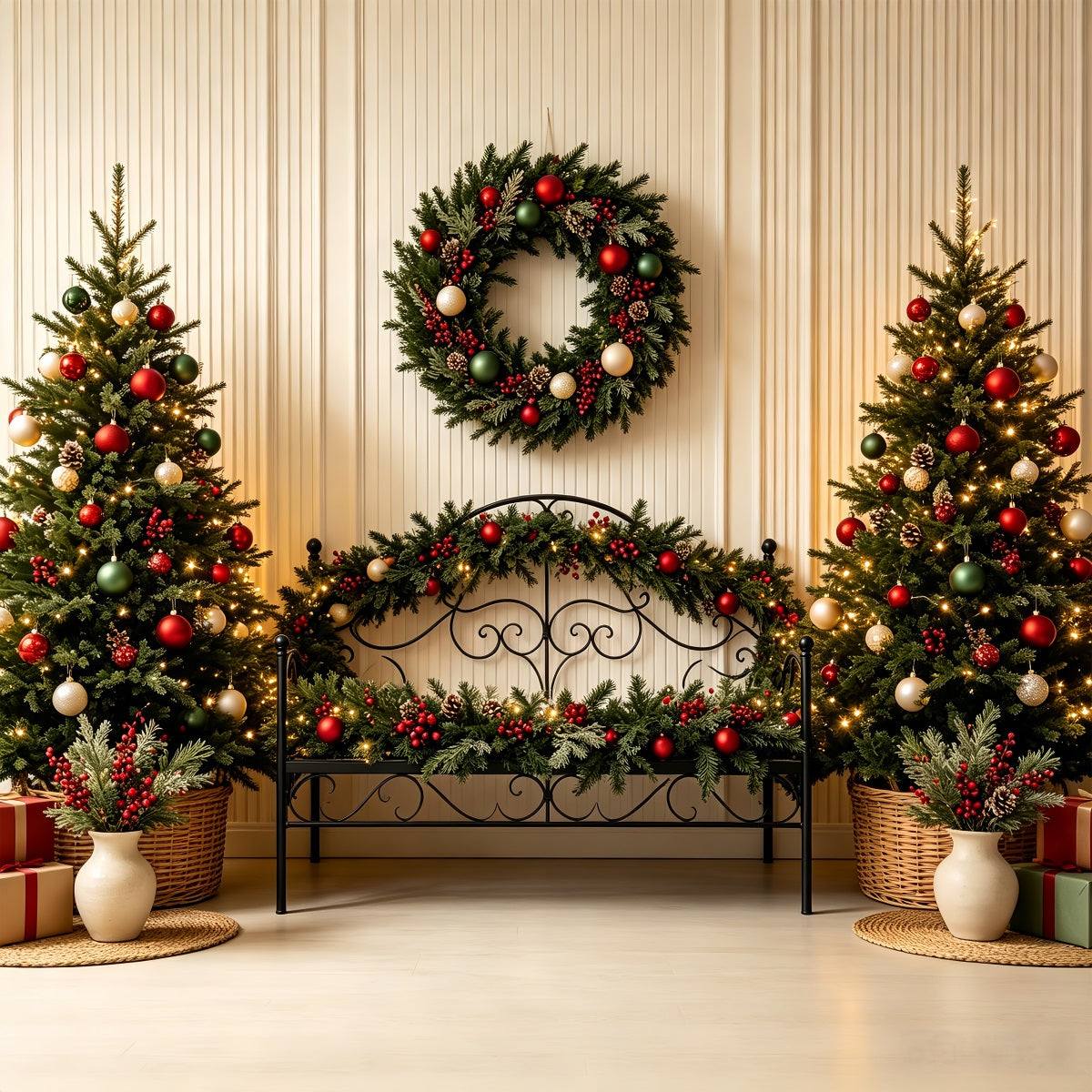 Tête De Lit De Noël Décoration De Lit Classique À Base De Verdure Fond En Mousseline De Noël CSH68-86