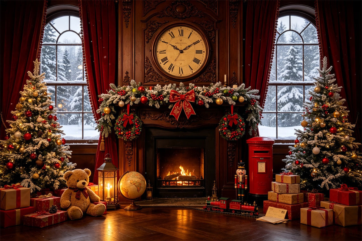 Décor De Noël Vintage Pièce Avec Horloge Et Cheminée Vintage Décors Photographiques De Noël CSH68-87