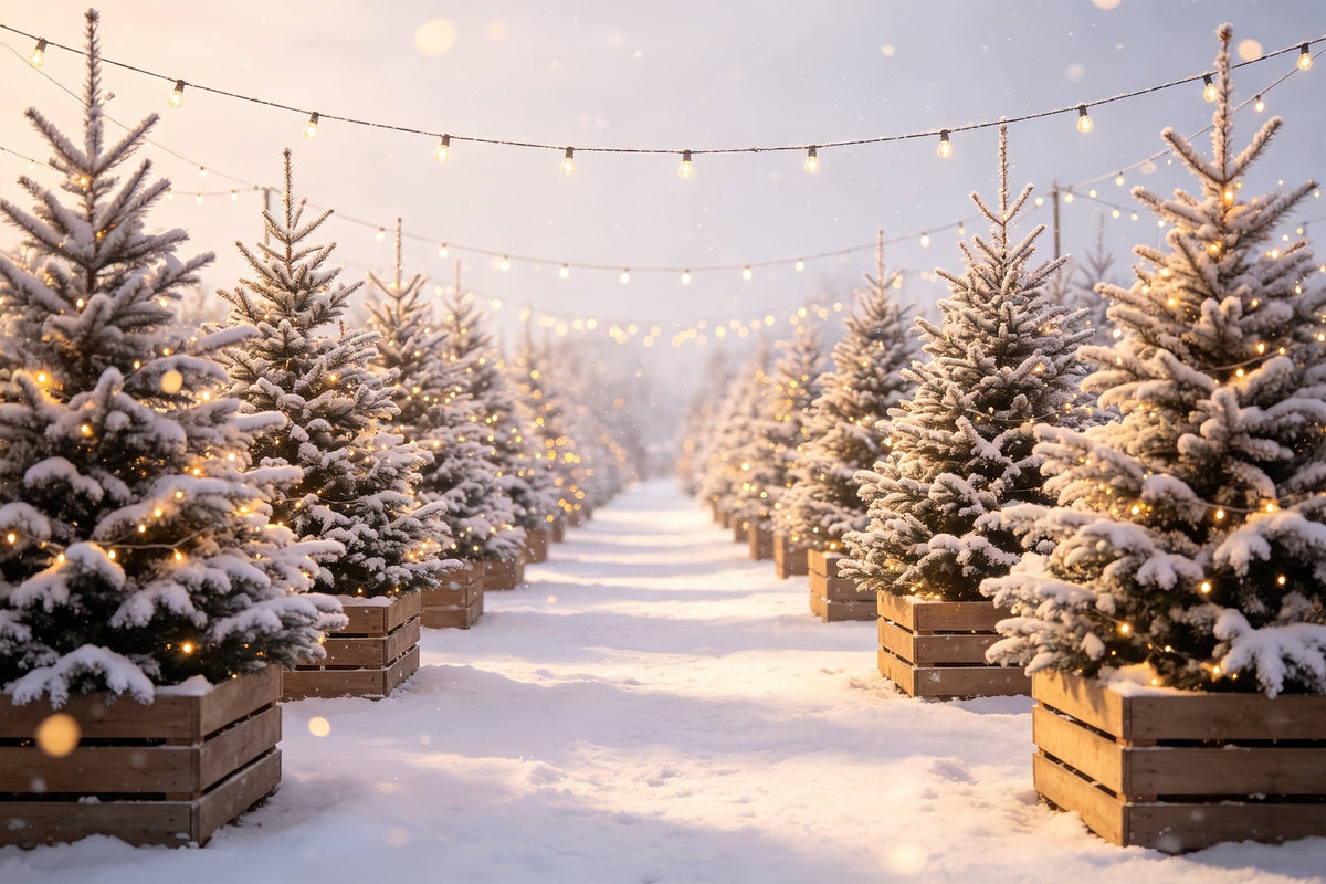 Décor De Ferme De Sapins De Noël Chemin Lumineux Du Pin Enneigé Fond Photo De Noël CSH68-97