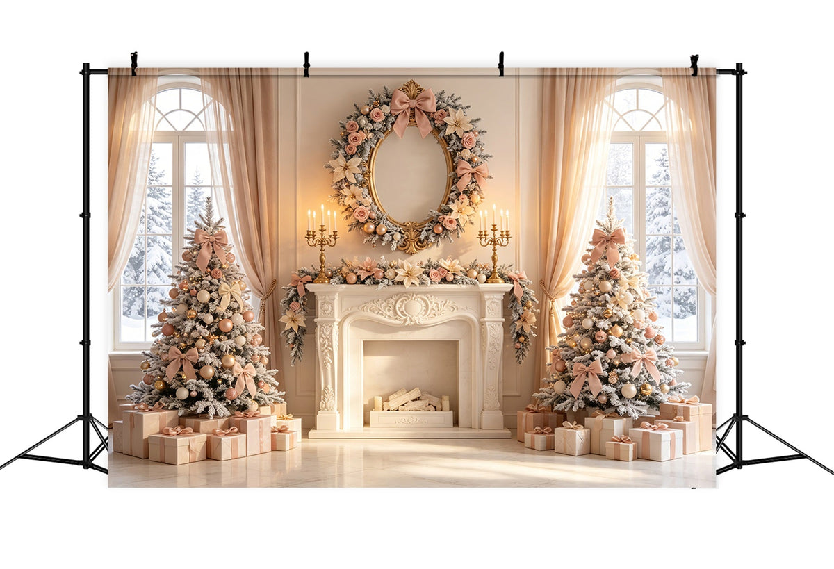 Décor De Noël Élégant Décoration De Cheminée Florale Rose Poudré Fond Photo De Noël CSH69-11