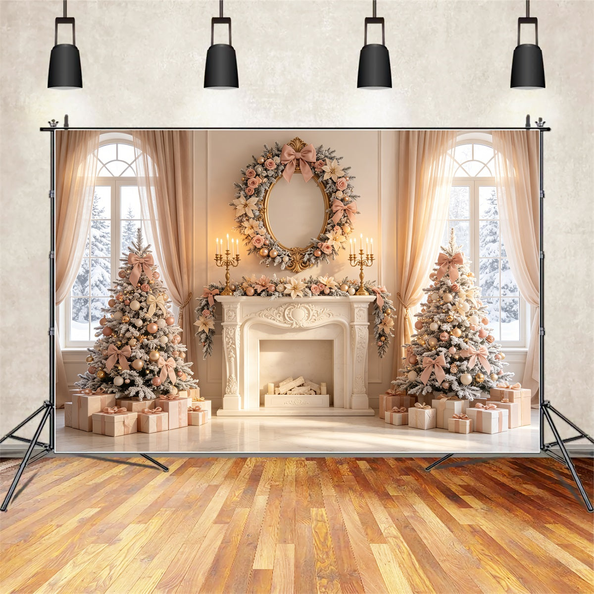 Décor De Noël Élégant Décoration De Cheminée Florale Rose Poudré Fond Photo De Noël CSH69-11