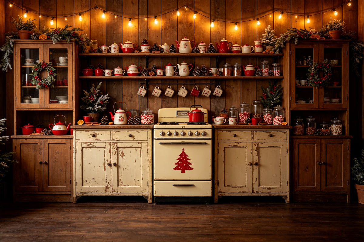 Décor De Cuisine De Noël Présentoir À Théière Rouge Vintage Fond De Noël En Mousseline CSH69-22