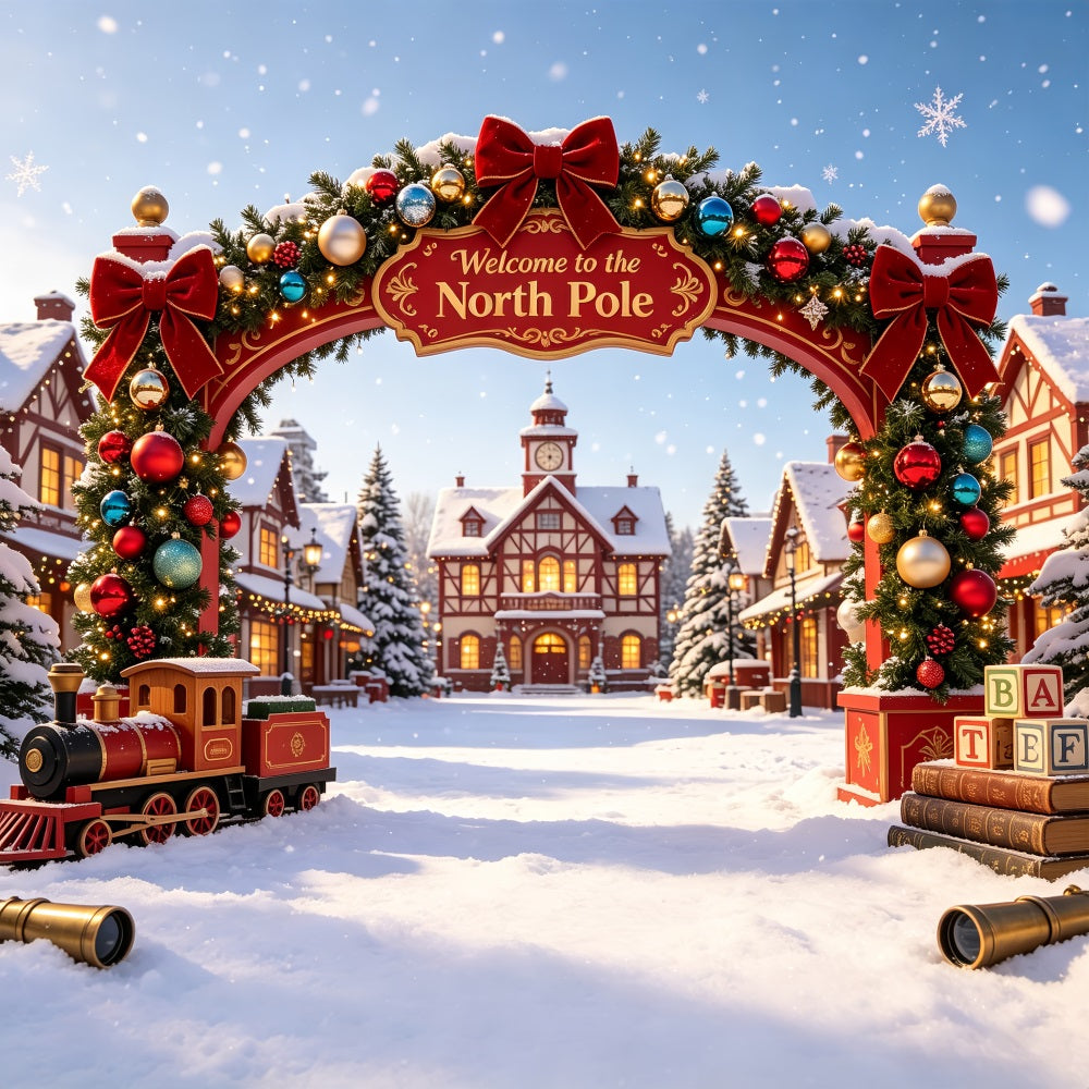 Décor De Noël Du Pôle Nord Porte Du Village Enneigé Décor Photographique De Noël CSH69-31