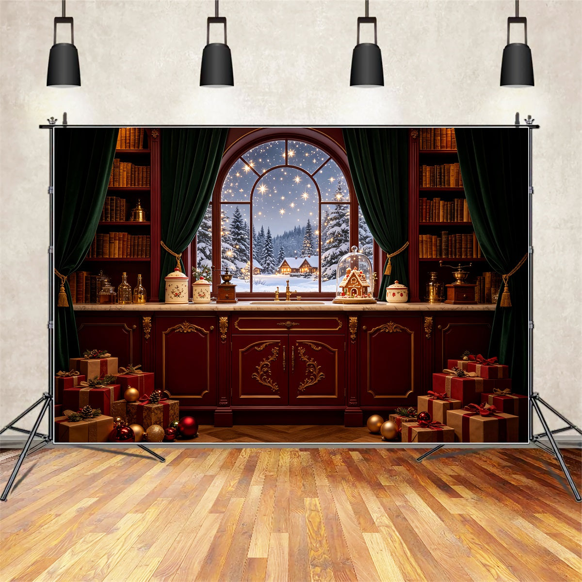 Décor De La Nuit De Noël Garde-Manger De La Fenêtre Du Chalet Enneigé Décors Photographiques De Noël CSH69-37