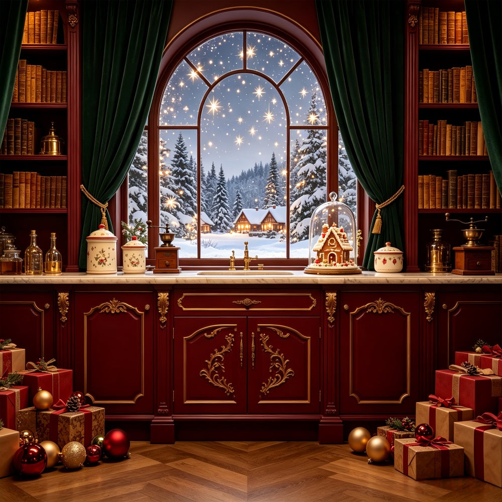 Décor De La Nuit De Noël Garde-Manger De La Fenêtre Du Chalet Enneigé Décors Photographiques De Noël CSH69-37