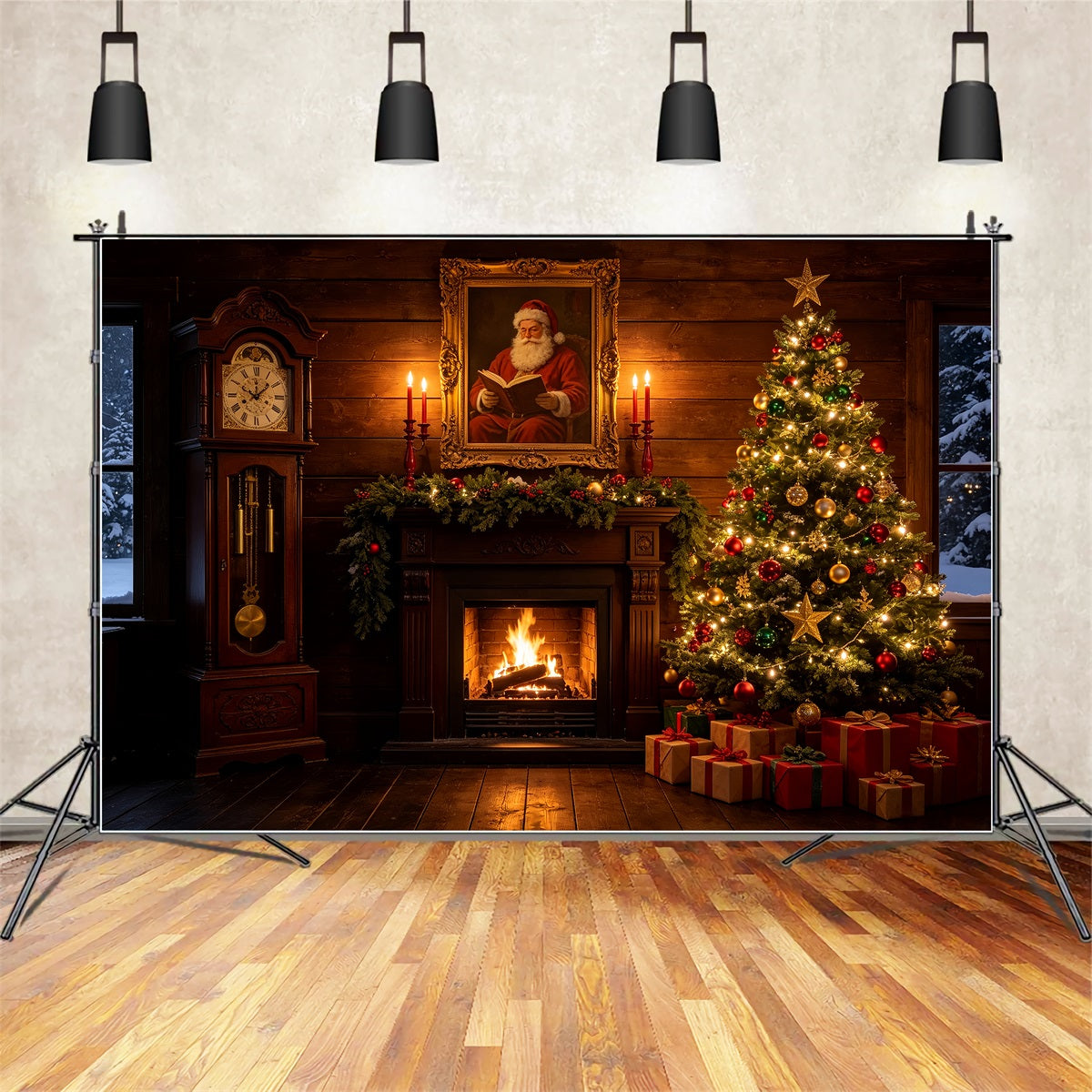 Décor De Cabane De Noël Salle De La Cheminée Avec Le Portrait Du Père Noël Décors De Studio Pour Noël CSH69-47